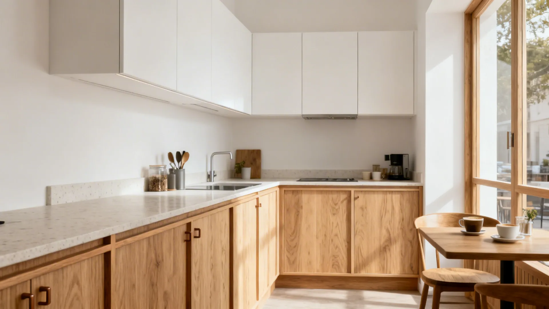 Modern kitchen with white upper cabinets wood lower cabinets large window and small wood dining table