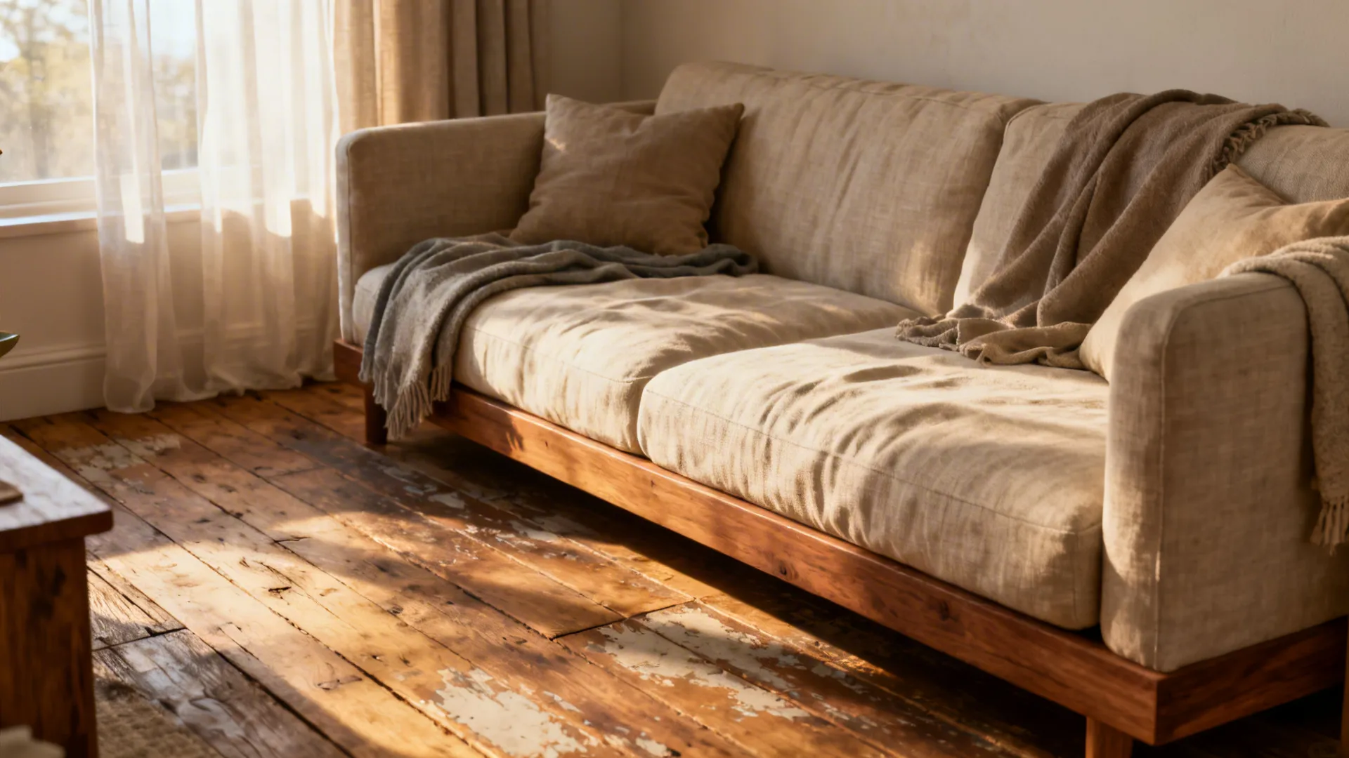 Slim linen sofa and warm distressed wood finishes in a small living room