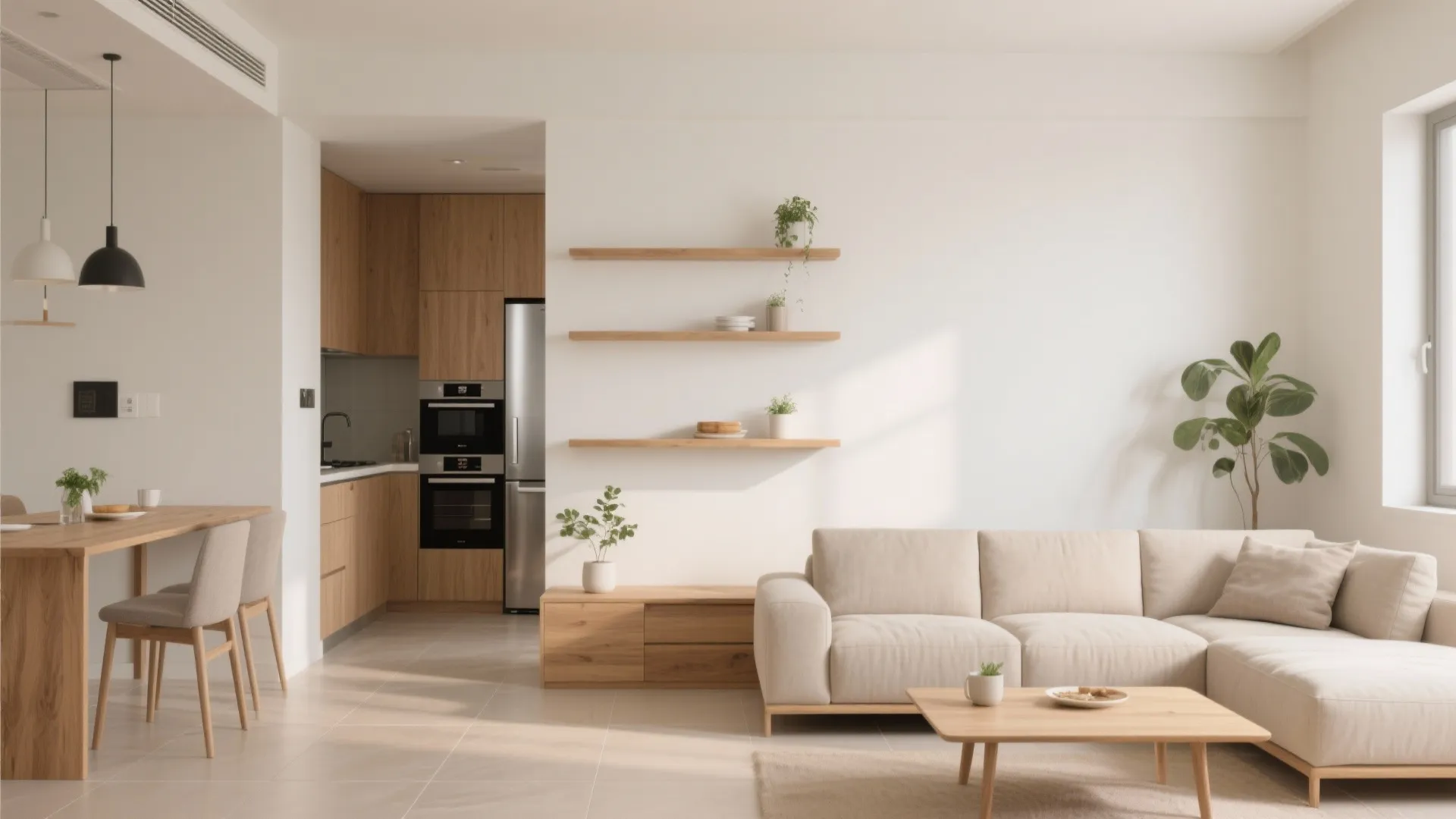 Modern open plan living room with beige sofa wooden coffee table wall shelves and kitchen