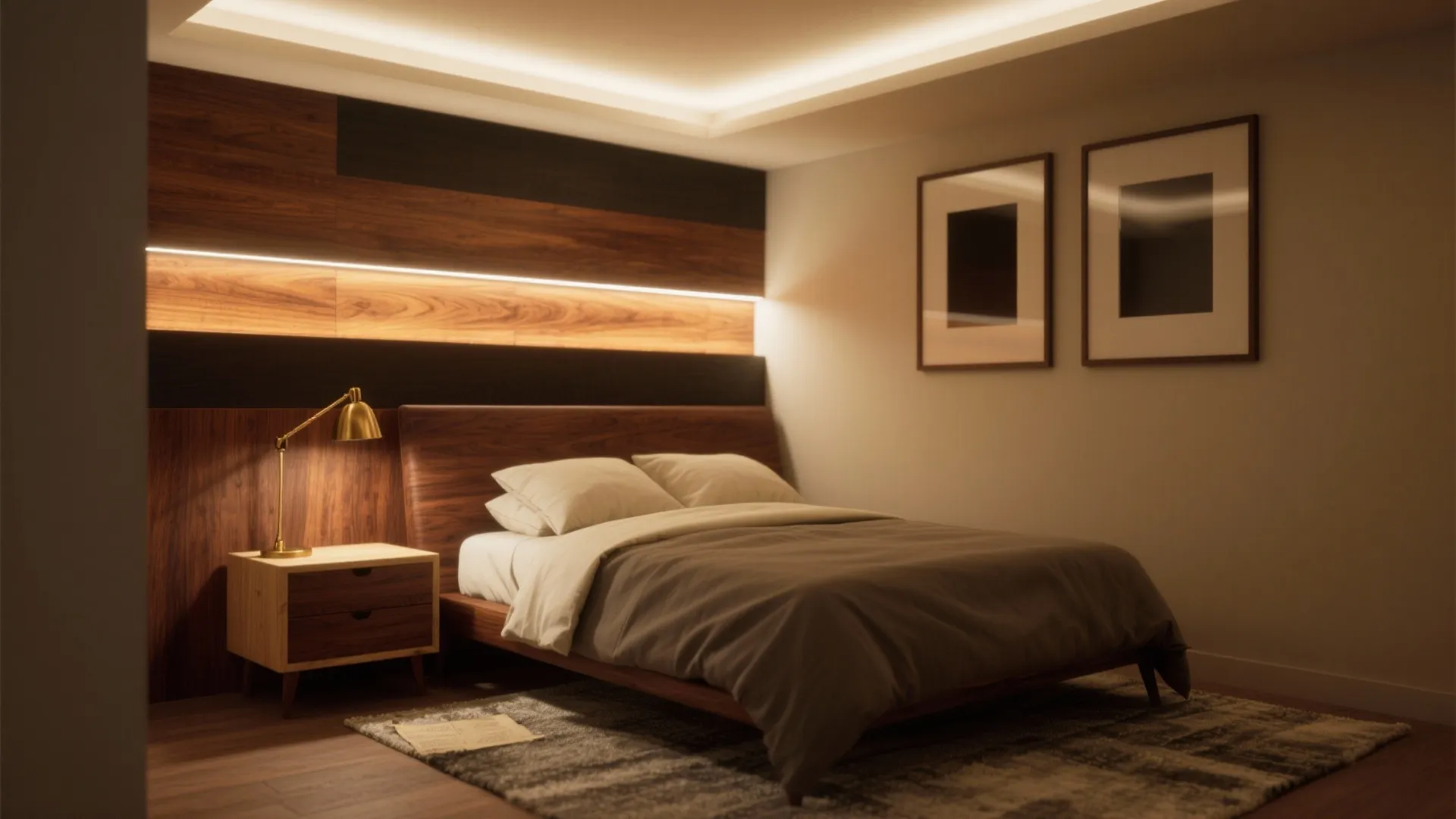 Modern bedroom with wooden wall panel, warm light fixture, bed, side table, and wall frames