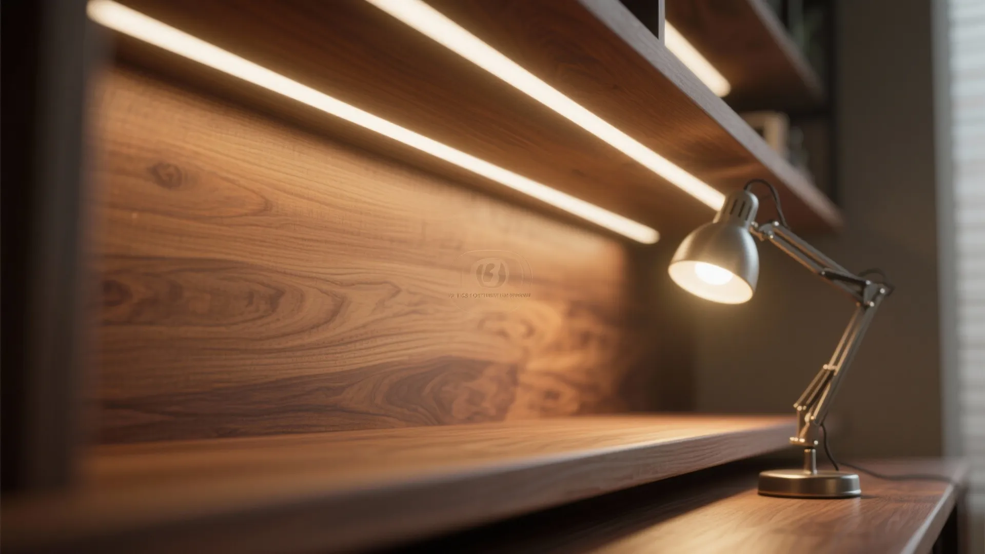 Close-up of wooden shelving with built-in light strips and a metal desk lamp for workspace