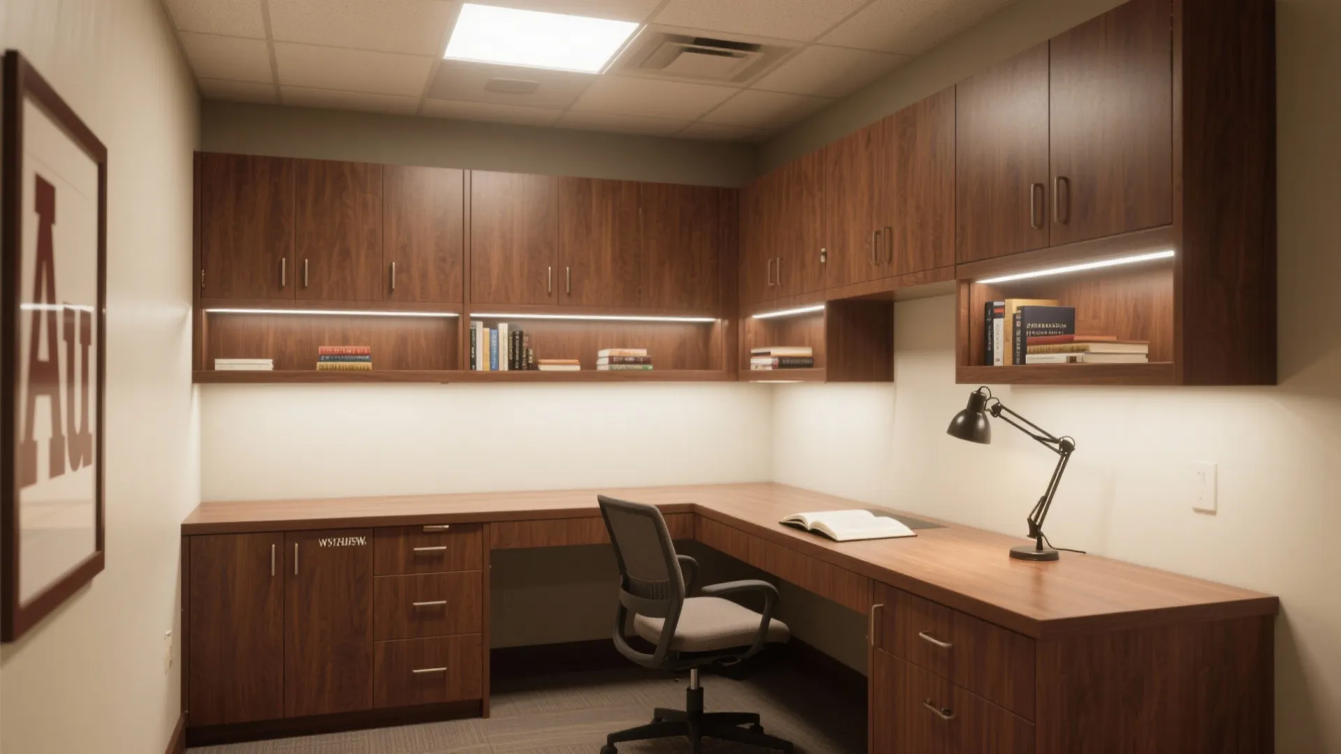 Warm wood tones with contrast lighting