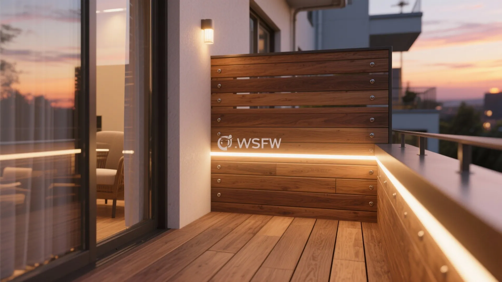Weather-Resistant Wood Accents and Warm Lighting