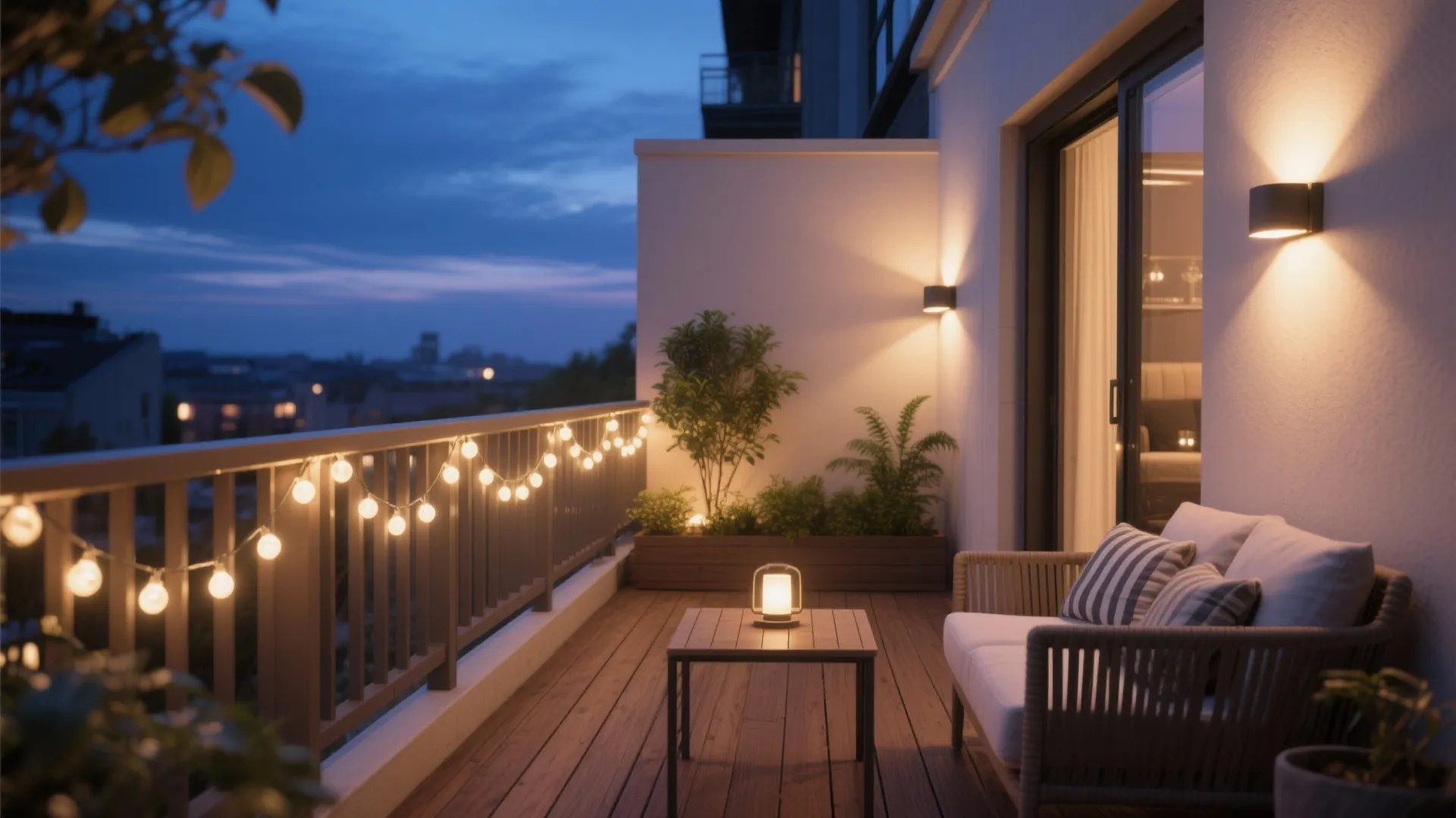 Cozy rooftop balcony at night with string lights wall light sofa wooden floor and plants