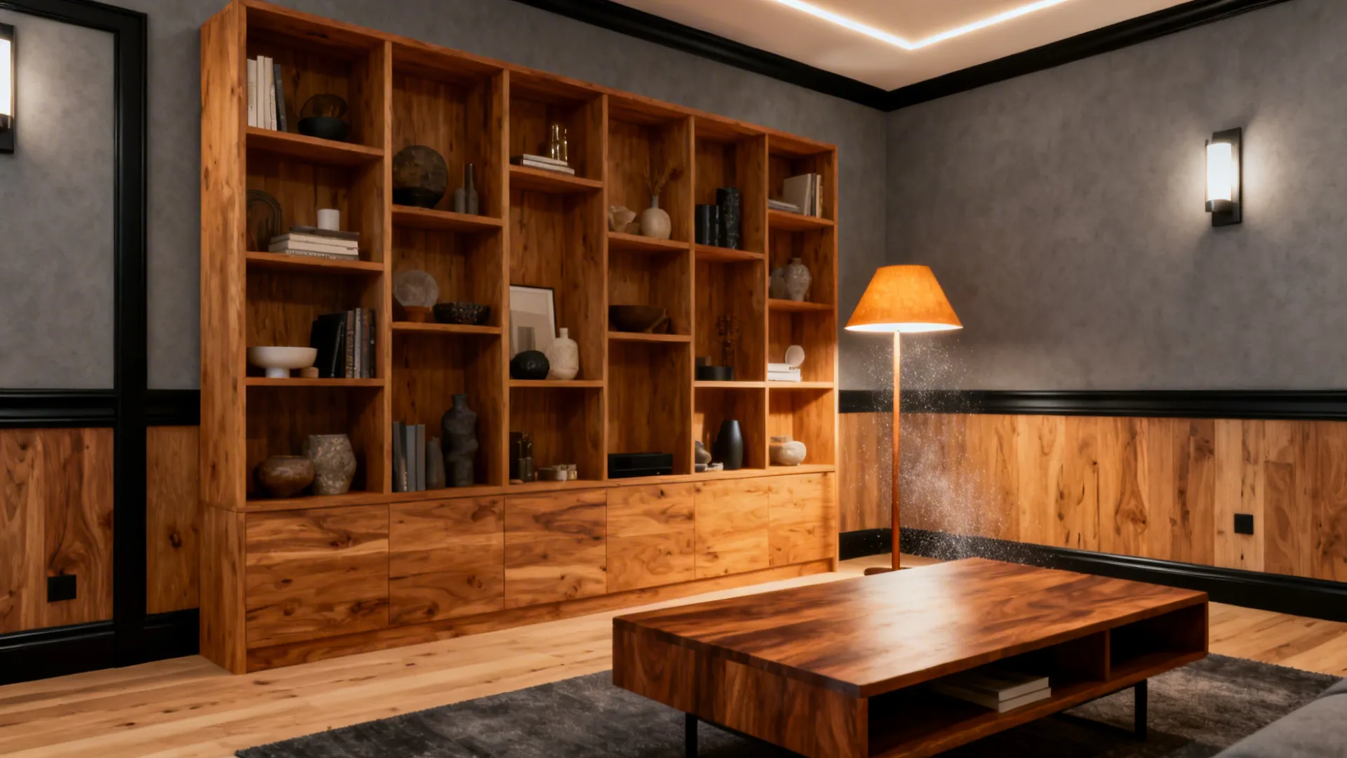 Honey oak shelving and walnut table warming a grey-walled room with black trim and layered lighting.
