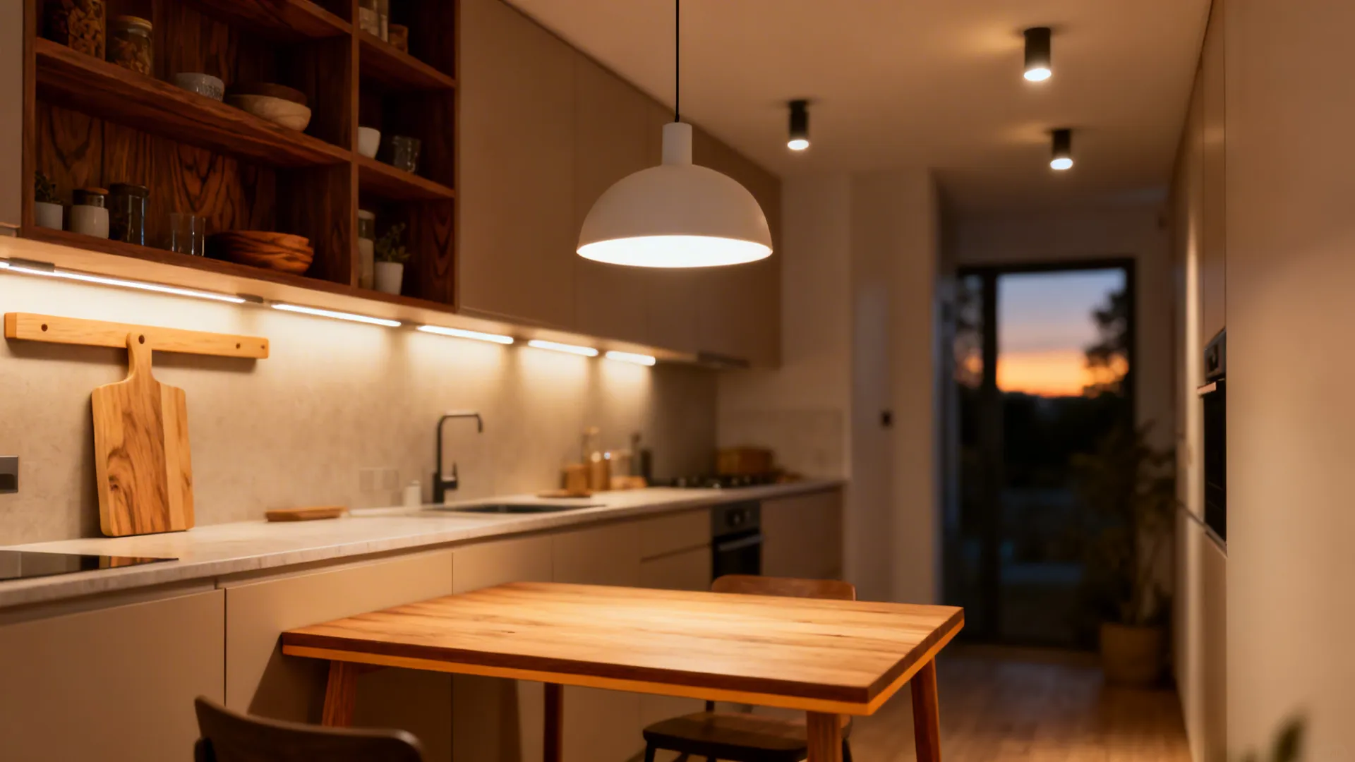 Small kitchen-dining area with oak, walnut accents and layered warm task lighting.