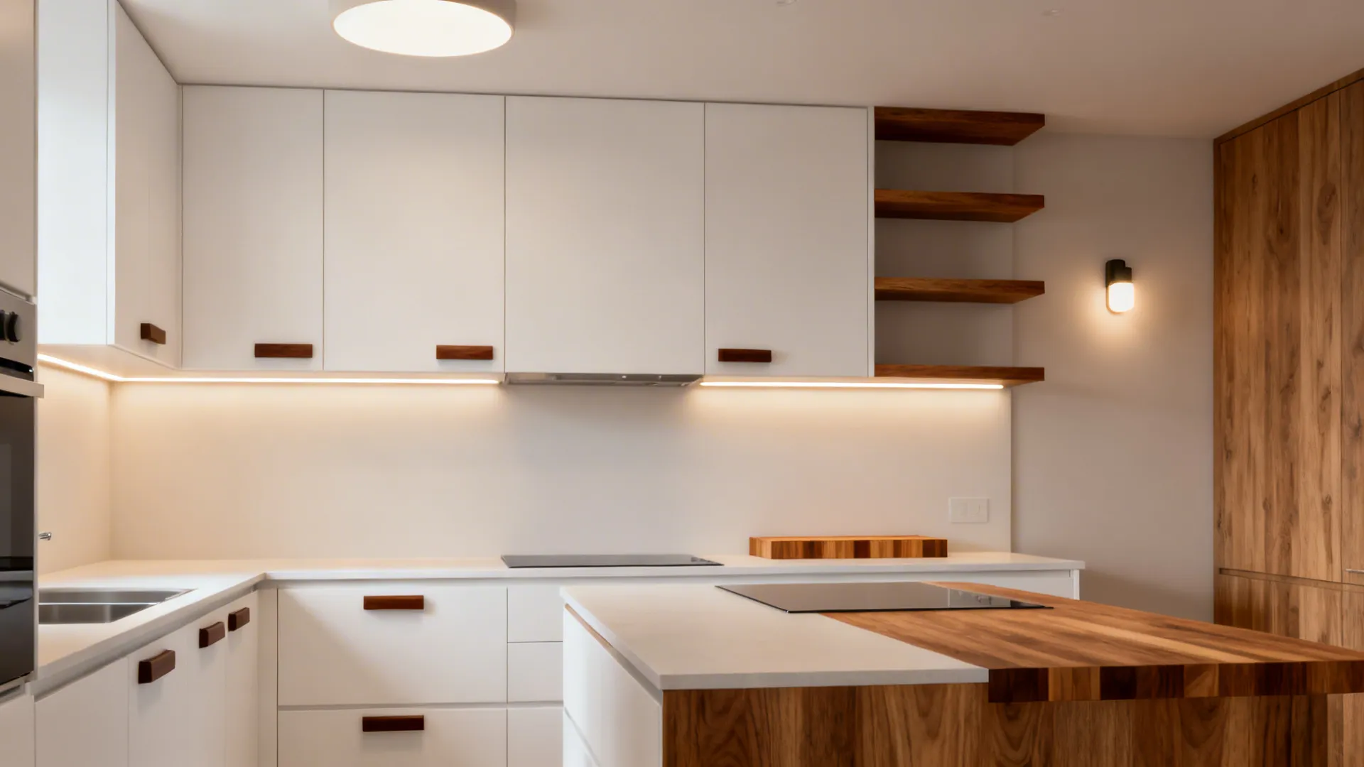 Modern white kitchen with wooden shelves warm under cabinet lighting wood island and white ceiling light