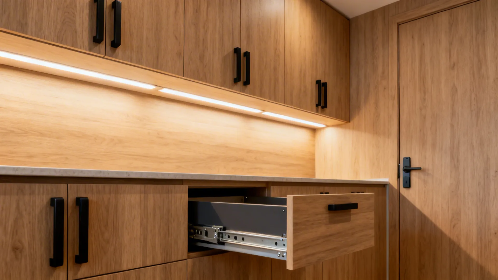 Warm wood-tone kitchen with matte black pulls, layered lighting, and soft-close hardware in action.