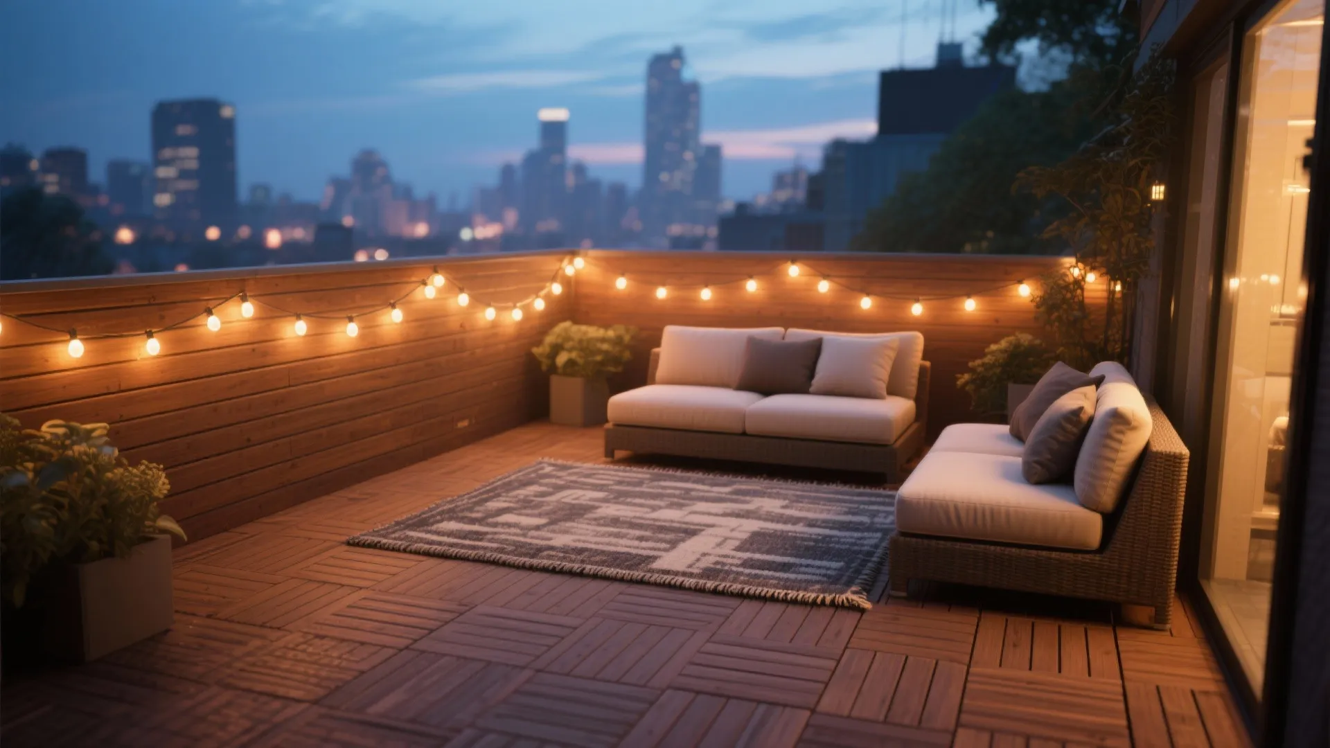 Warm wood, ambient lighting, and a soft rug