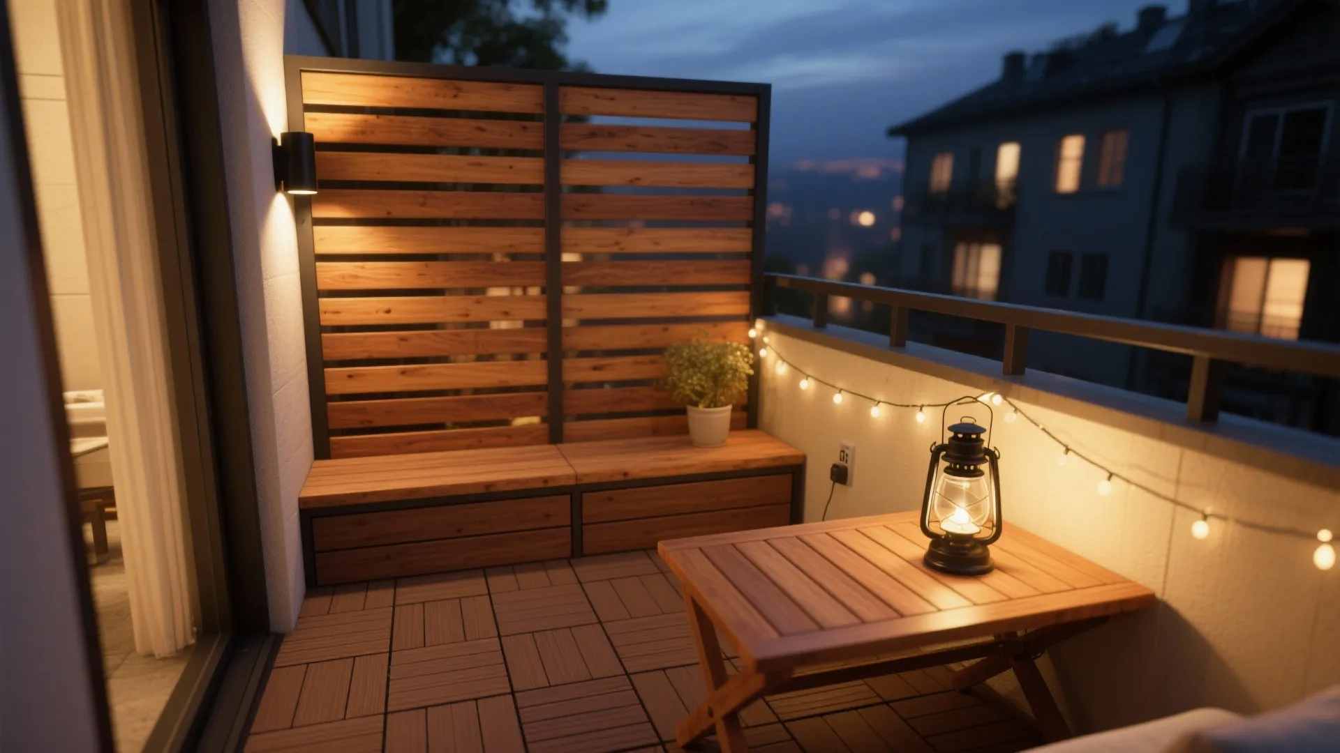 Warm wood accents and layered evening lighting