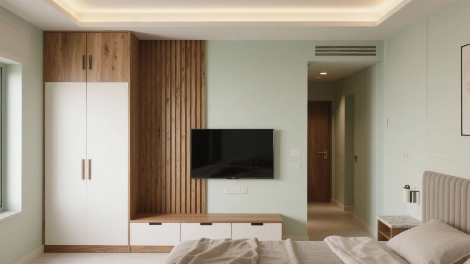 Warm wood accents, vertical lines, and a calm light palette