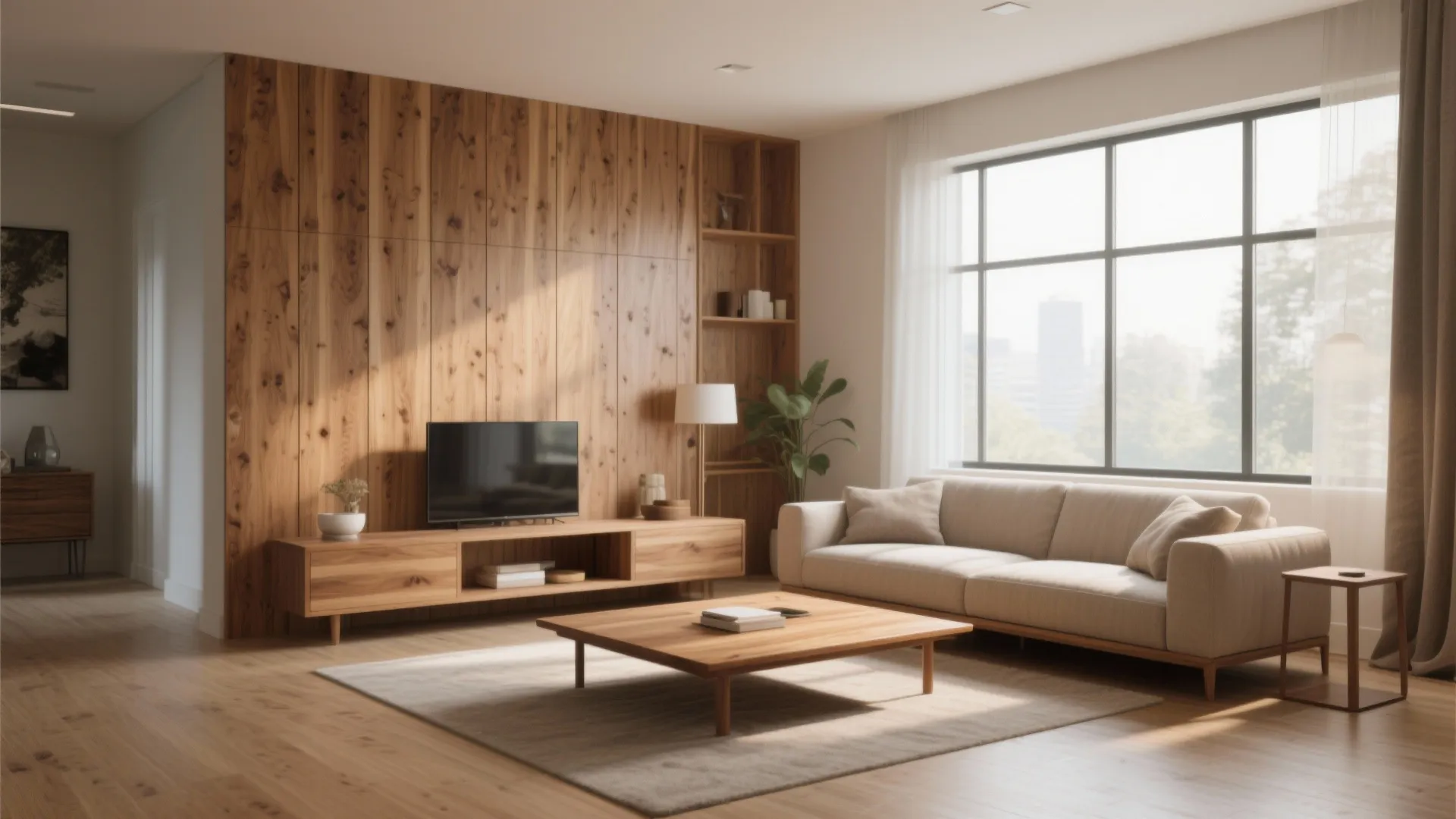 Minimalist living room featuring wooden wall panel cabinet beige sofa coffee table and large bright windows