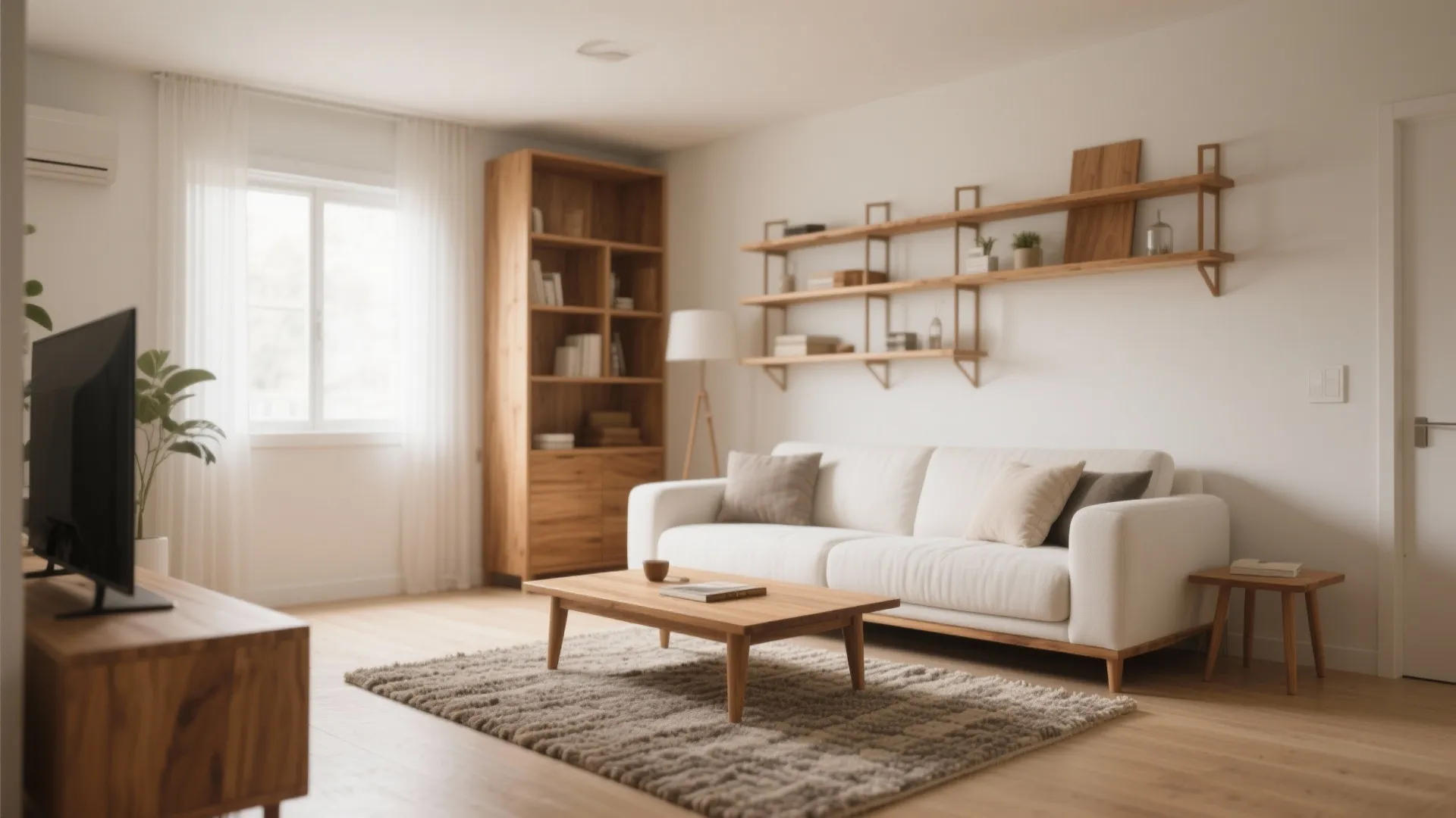 Bright living room with white sofa, wooden wall shelves, wood cabinet, and a large window