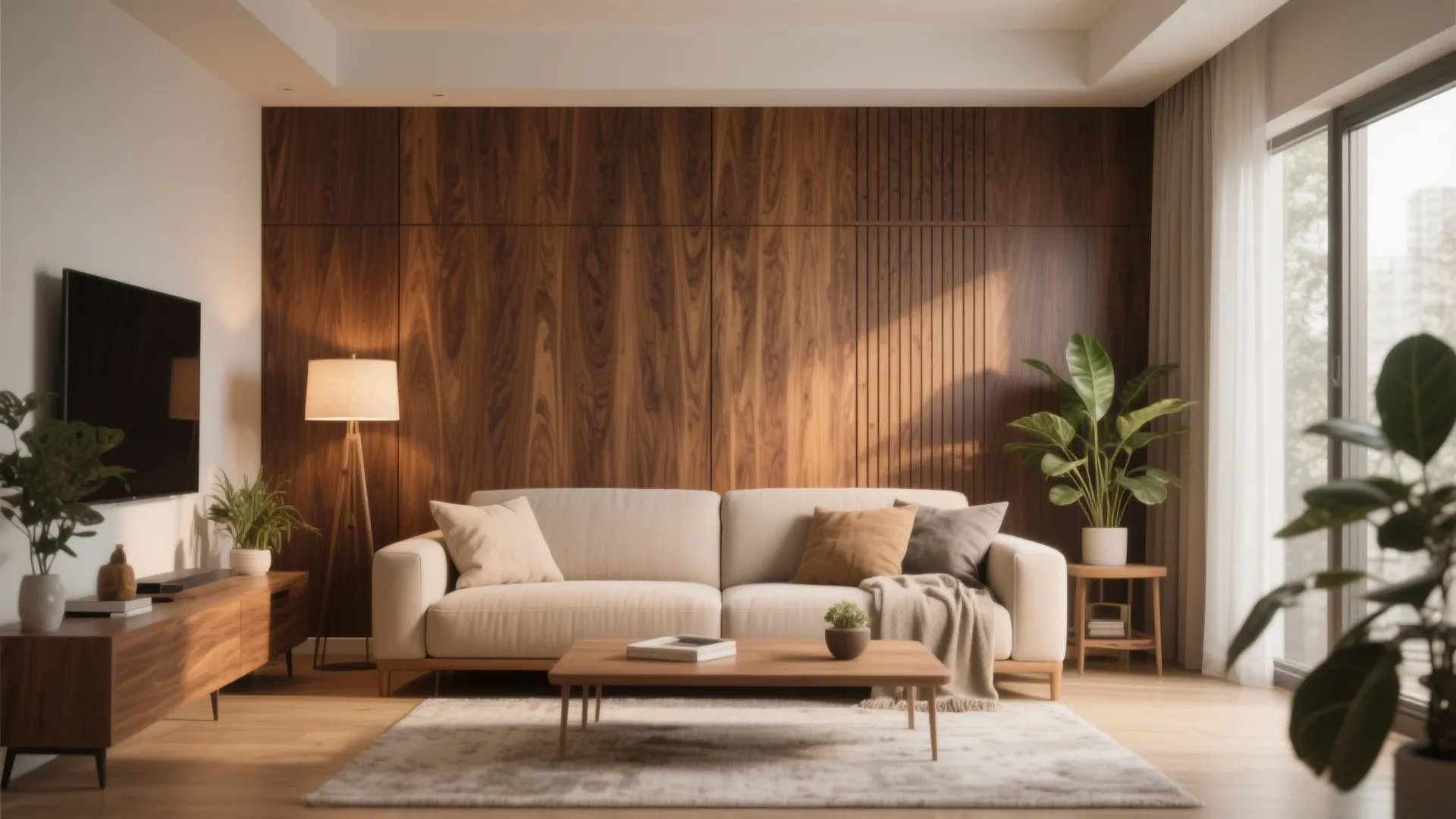 Warm wood tones in living area