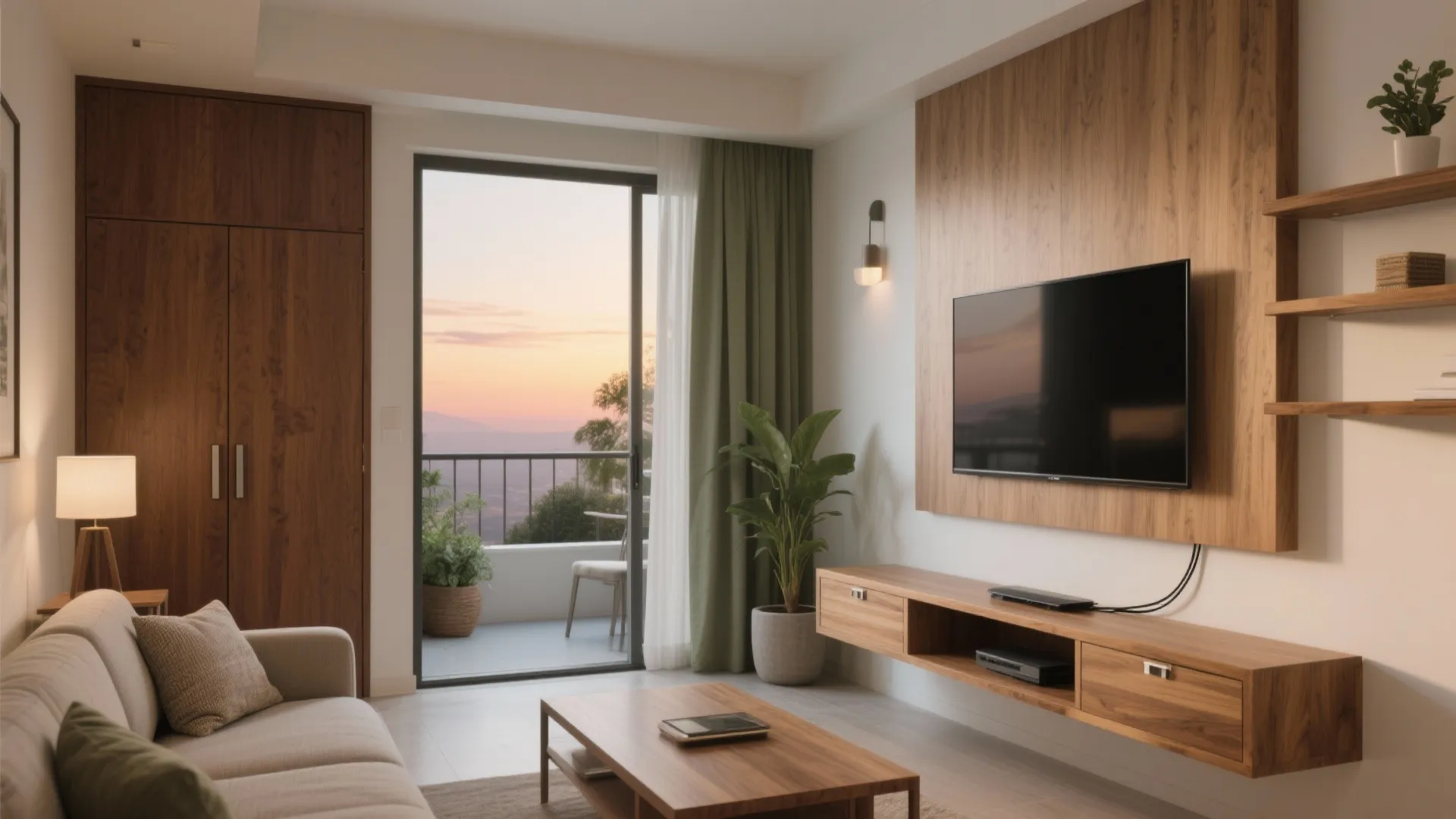 Cozy living room with wooden wall panel tv stand sofa coffee table and balcony view