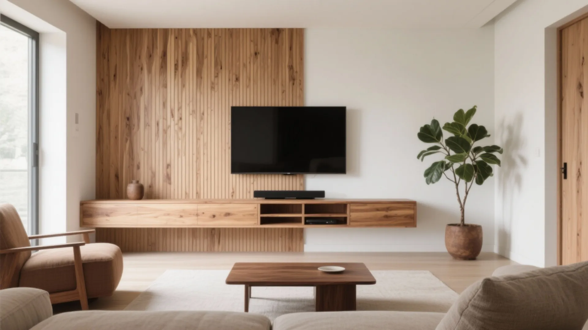 Living room with wooden wall panel floating cabinet television indoor plant and minimalist wood coffee table