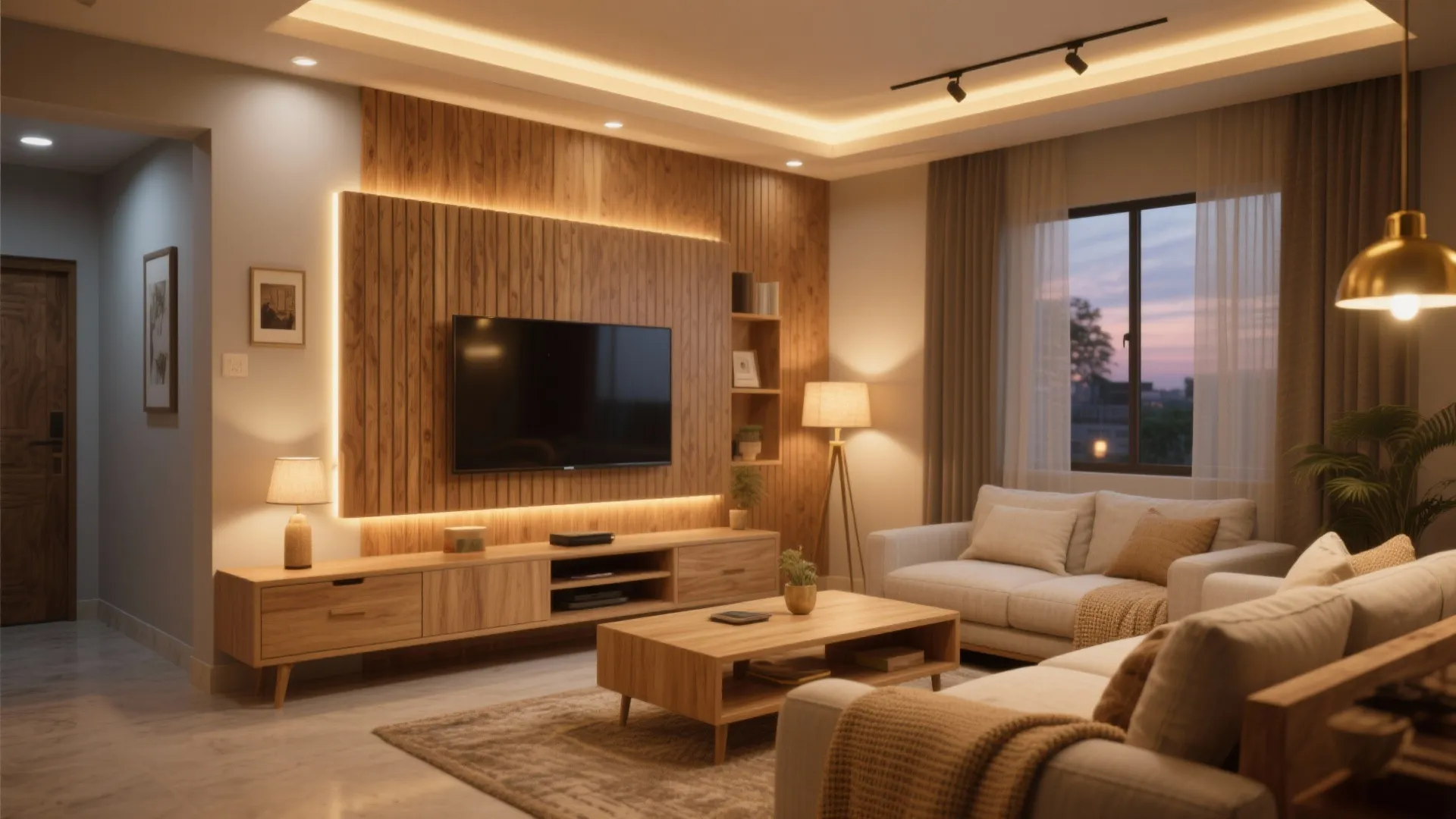 Warm wood tones, textiles, and layered lighting