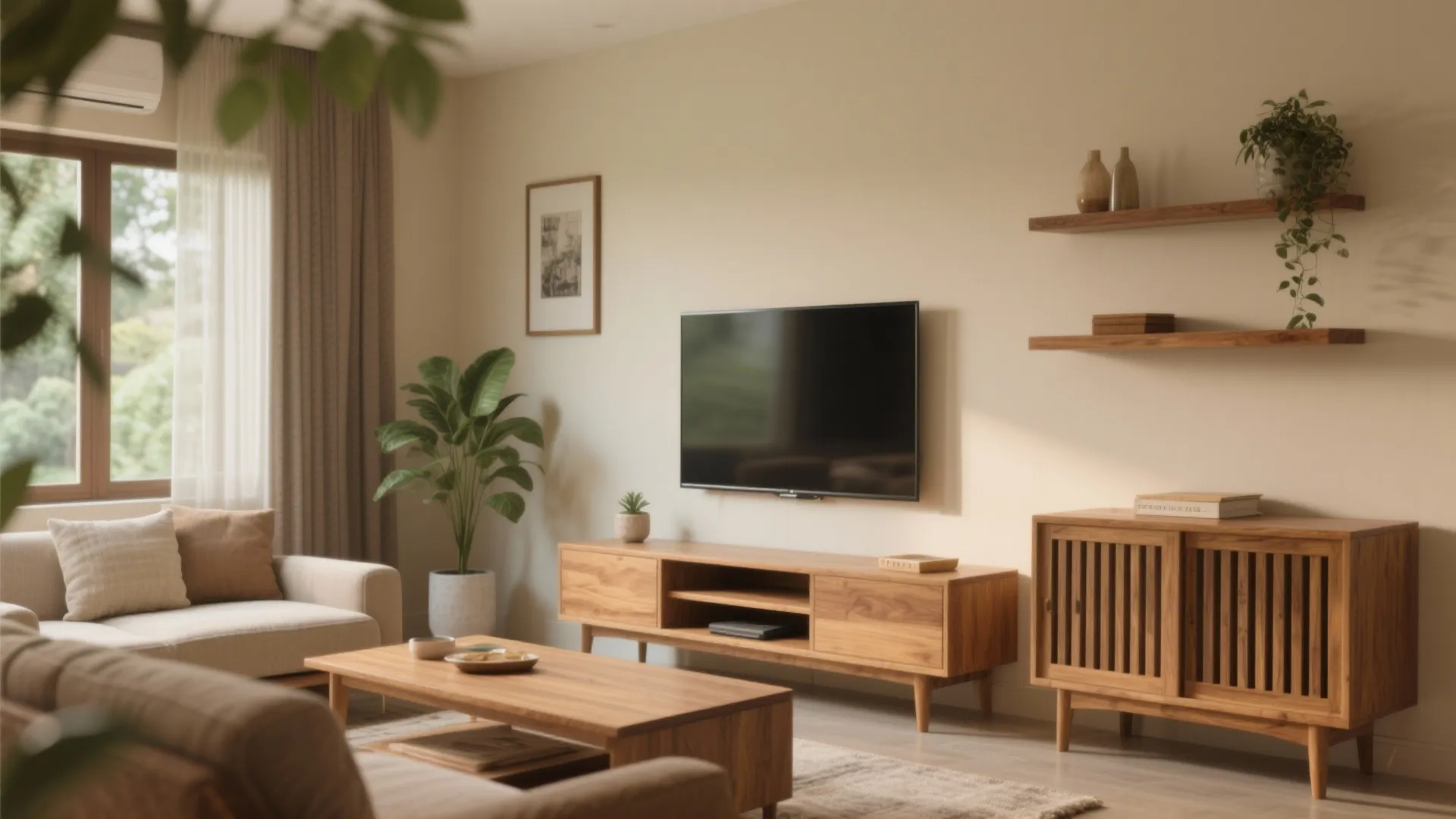 Warm Wood Accents in a Neutral Living Room