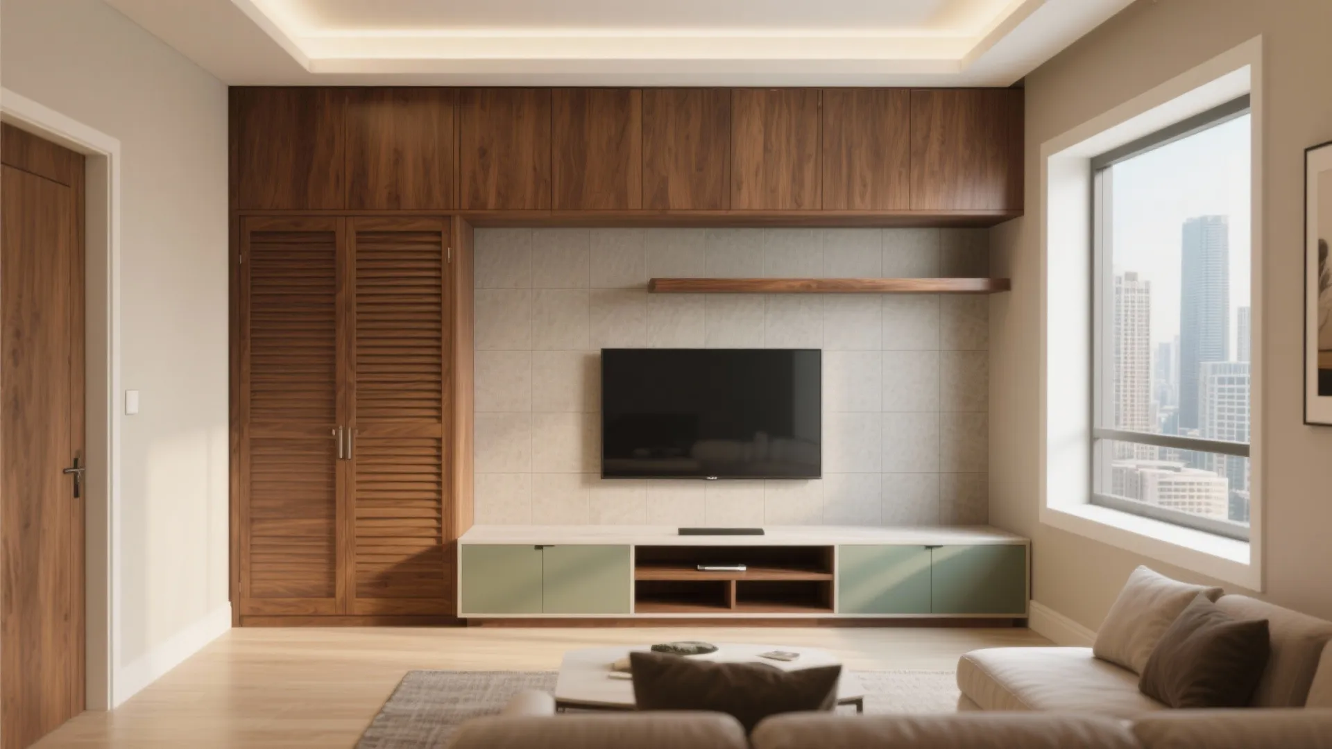 Living room with wall mounted television wooden storage cabinets large window showing city buildings sofa