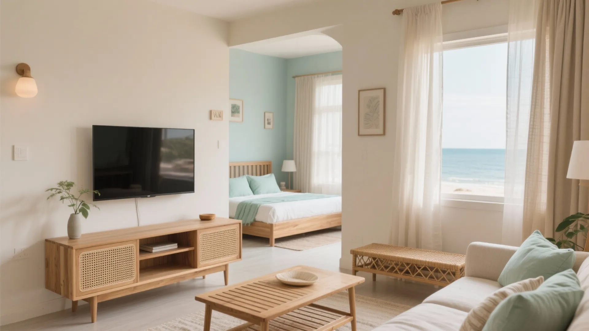 Modern living room with wood furniture, mint pillows, and view of the ocean through windows