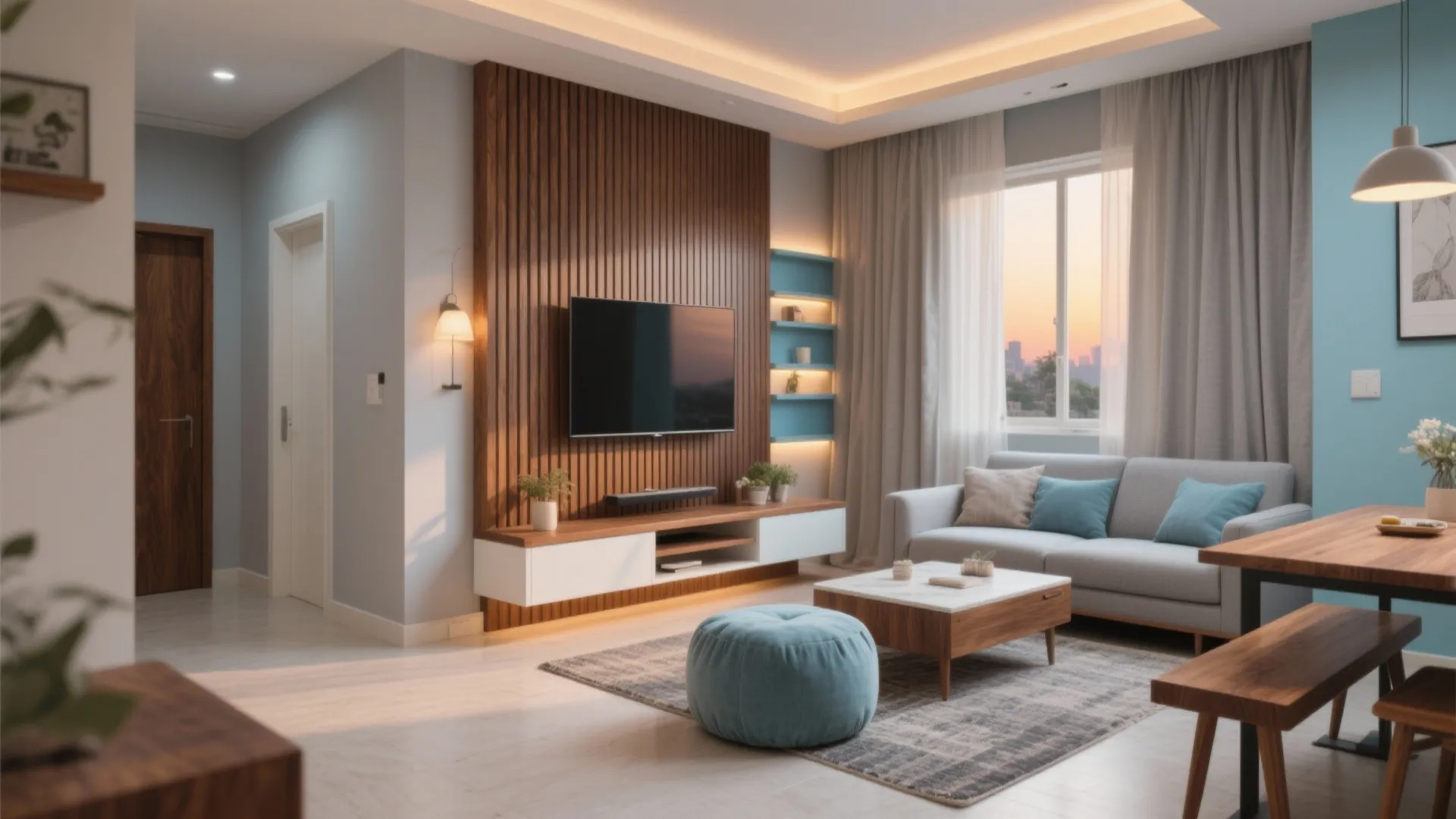 Warm wooden accents to soften a compact living room