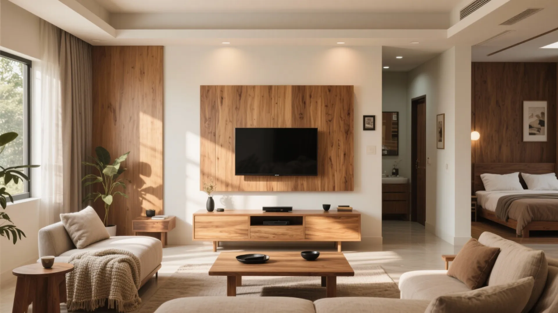 Warm Wood Elements Across Living and Bedrooms