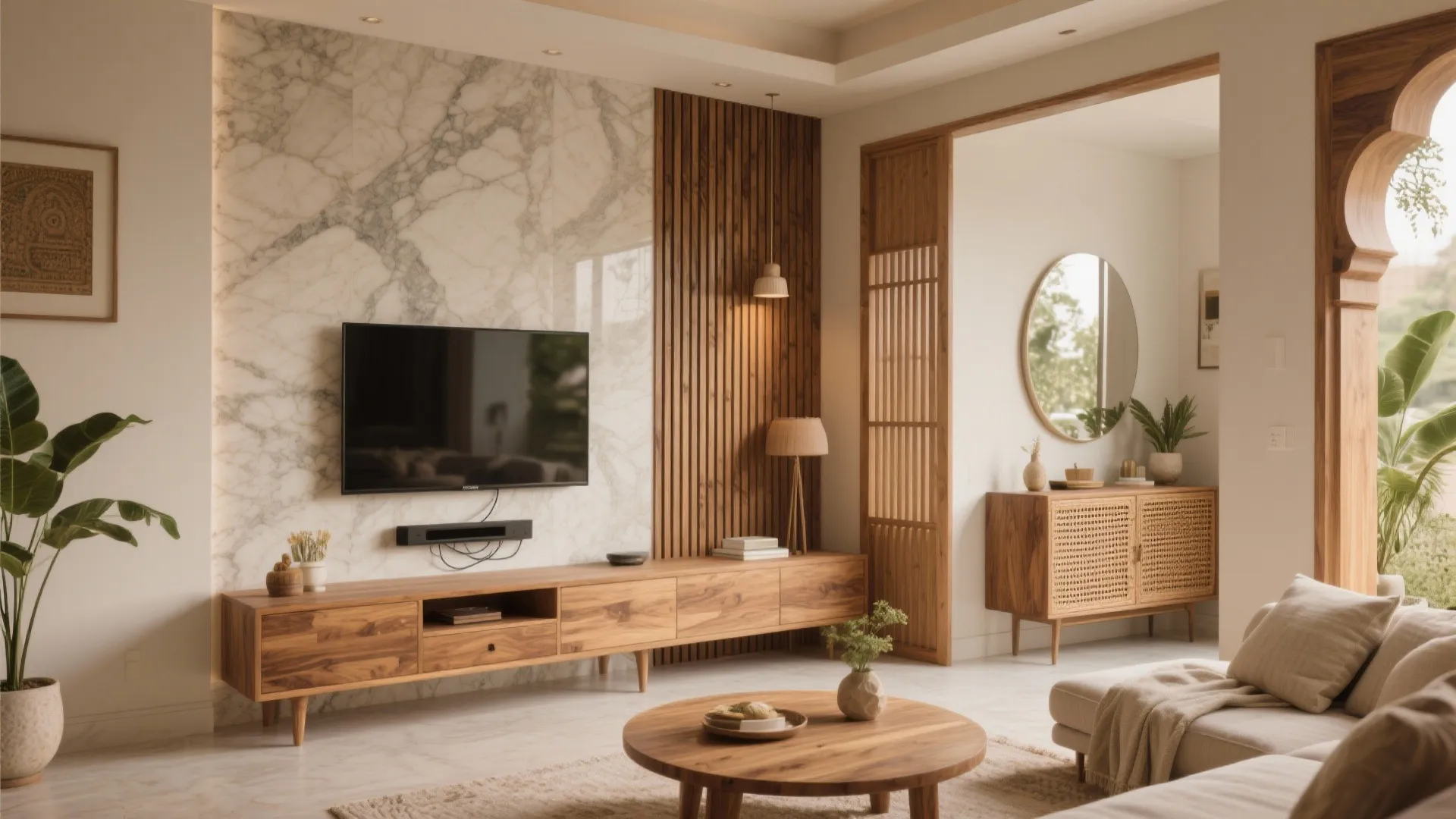 Warm wood elements in the living–dining