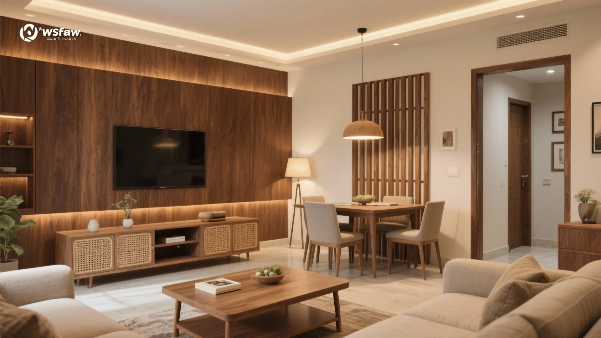 Warm wood tones in the living–dining