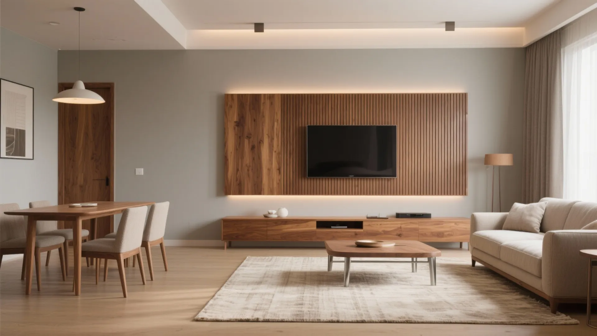 Warm Wood Elements for a Cozy, Modern Living-Dining