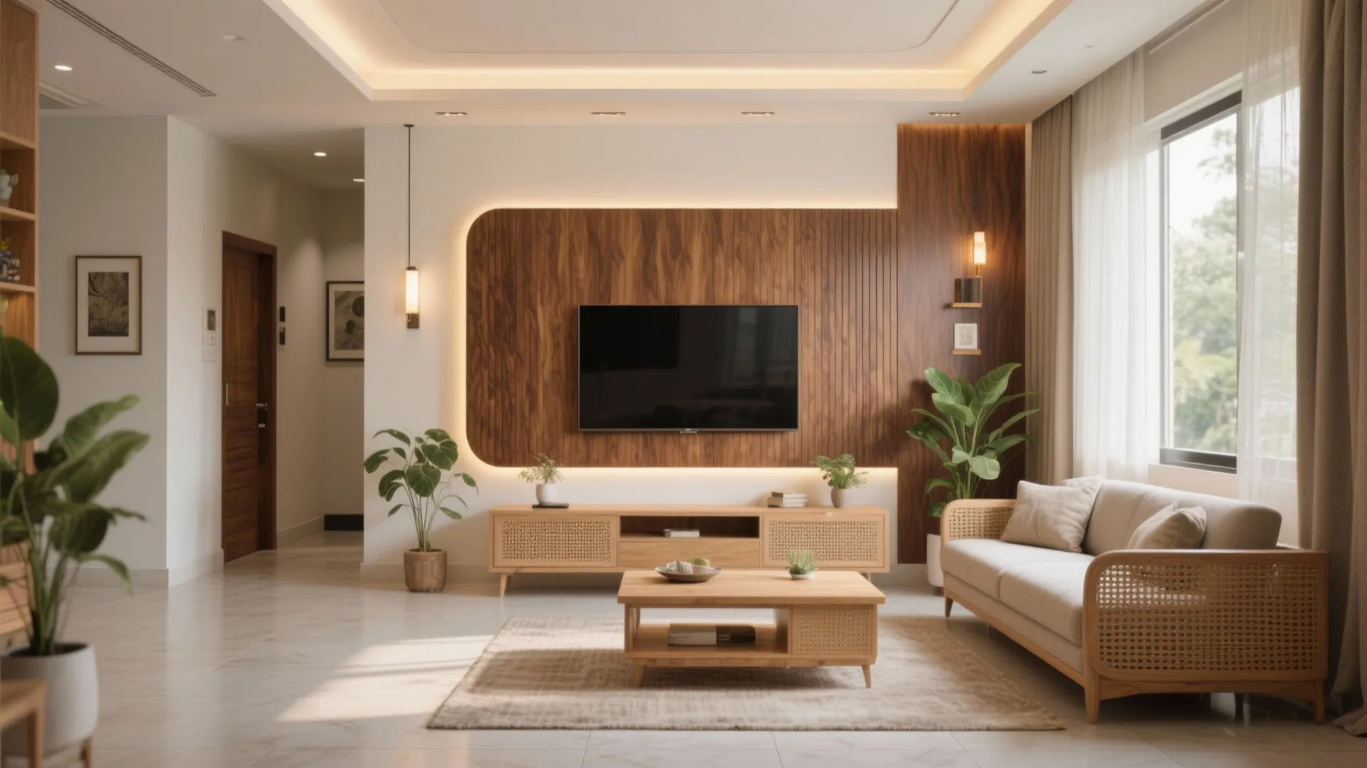 Warm wood accents in a modern living room