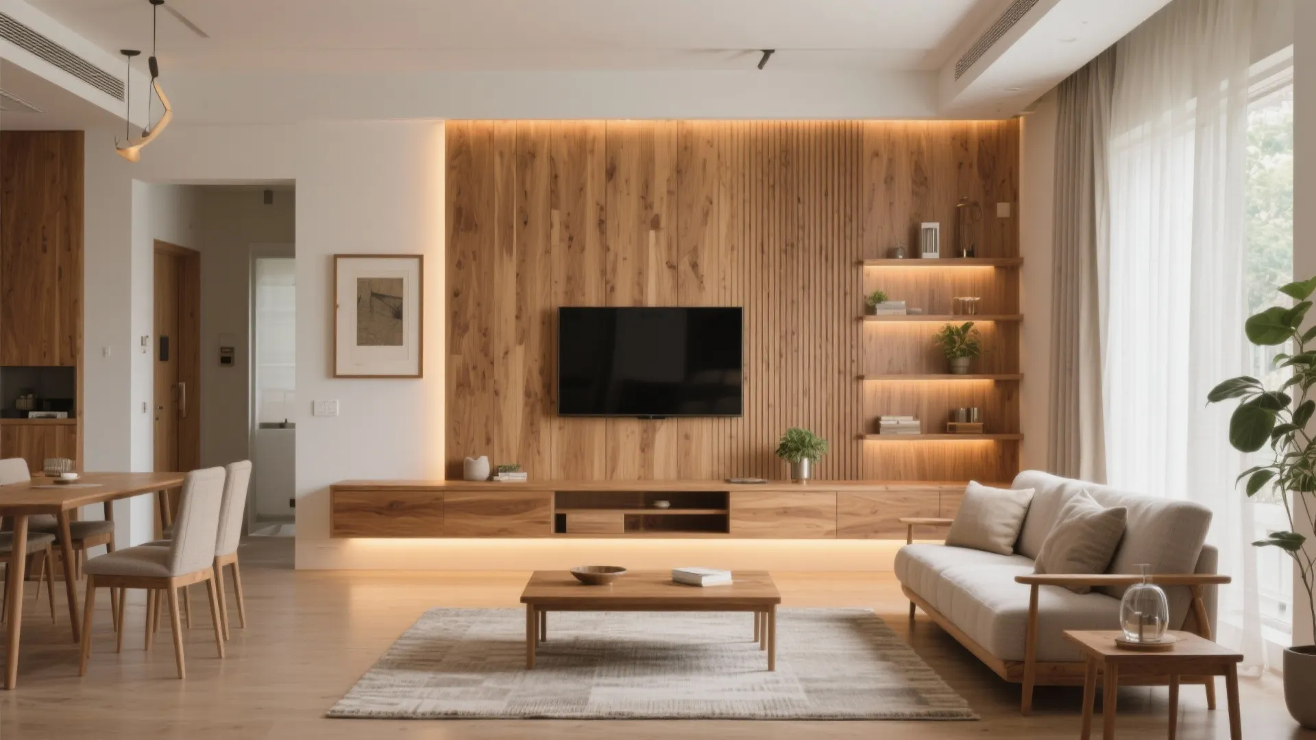 Warm Wood Accents in Living-Dining