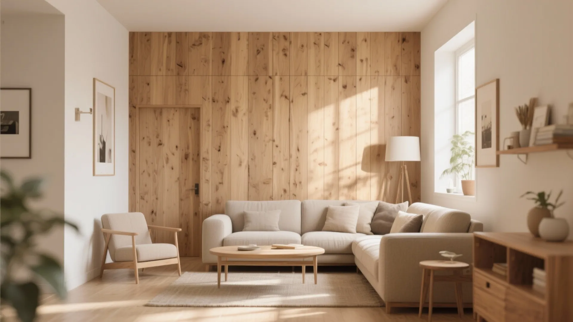 Bright living room featuring wood wall panel beige sofa wooden coffee table floor lamp window