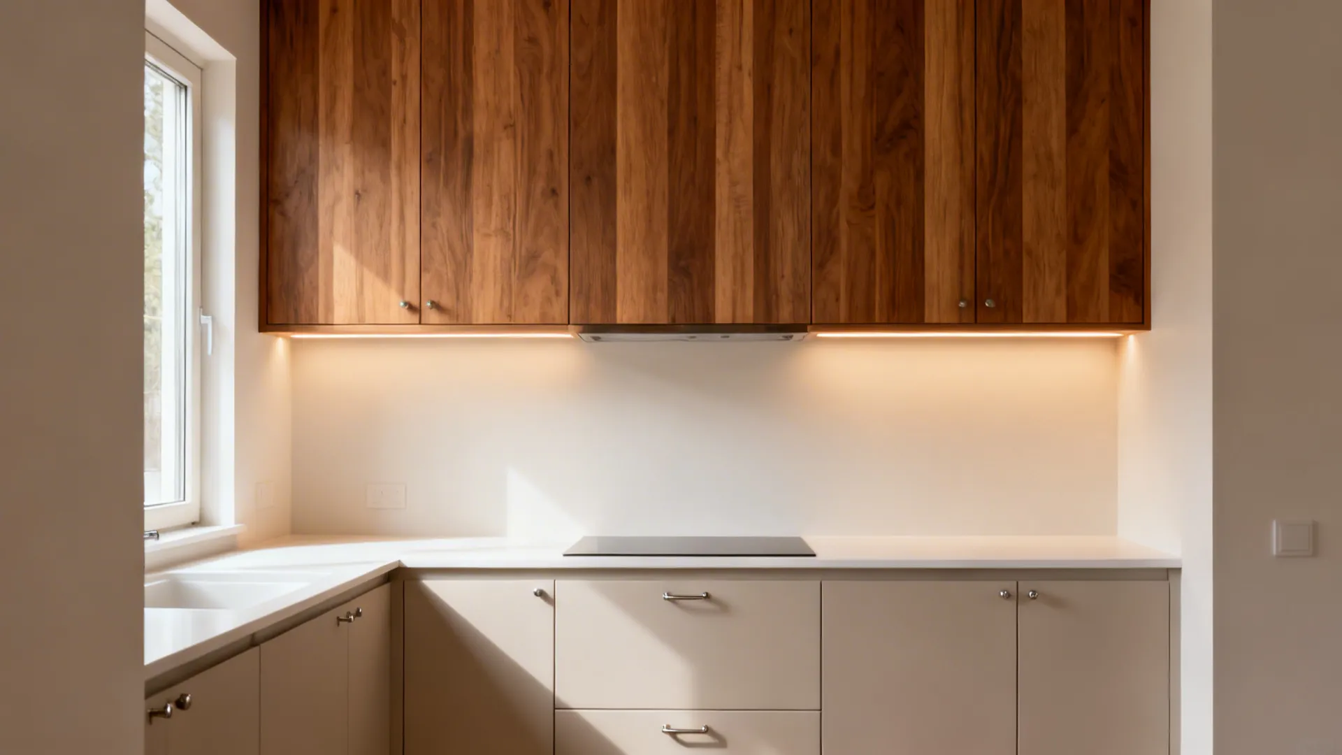 Small kitchen with vertical-grain wood loft cabinets above light matte bases and warm lighting.