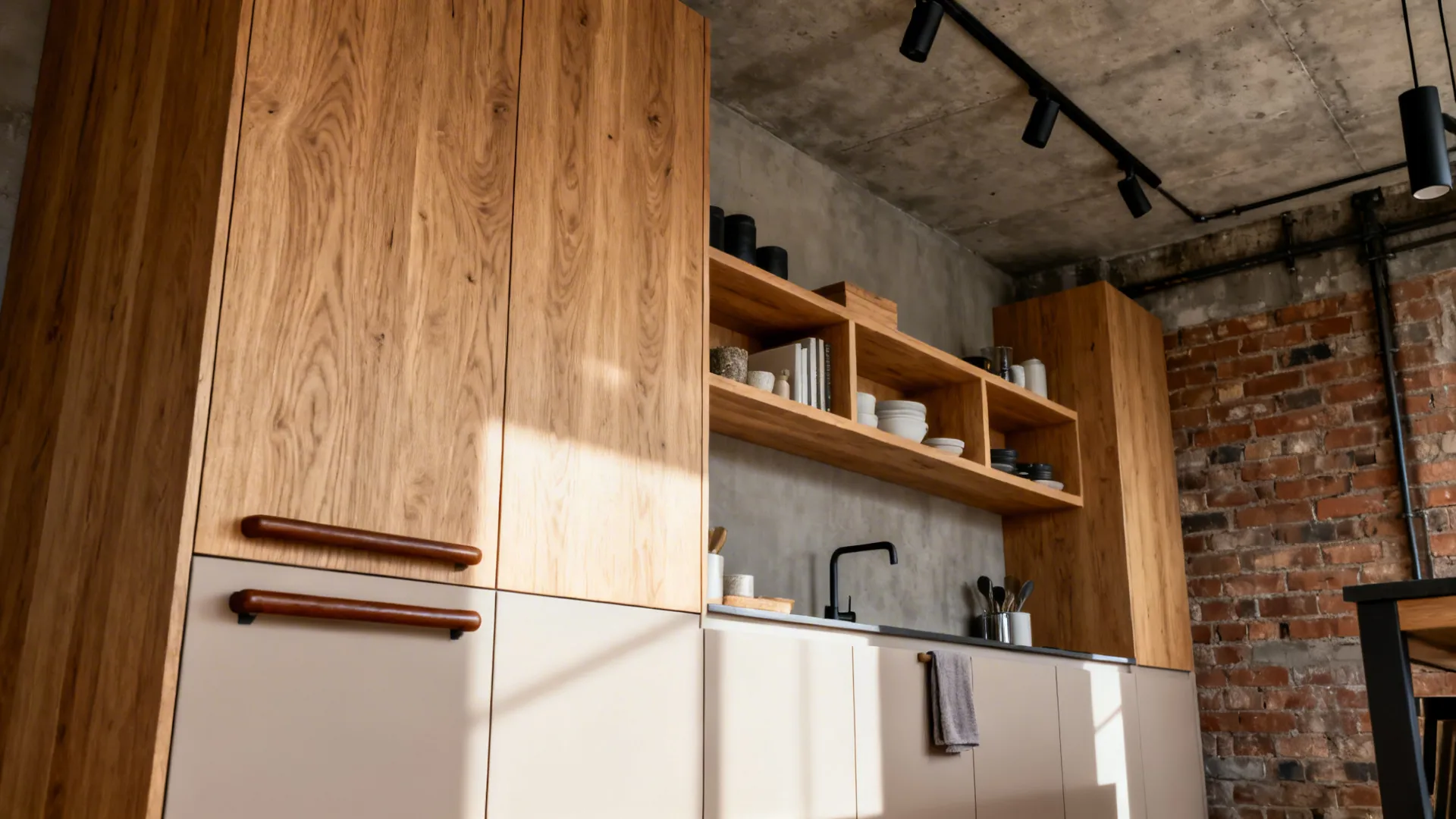 Warm wood accents to soften industrial loft bones