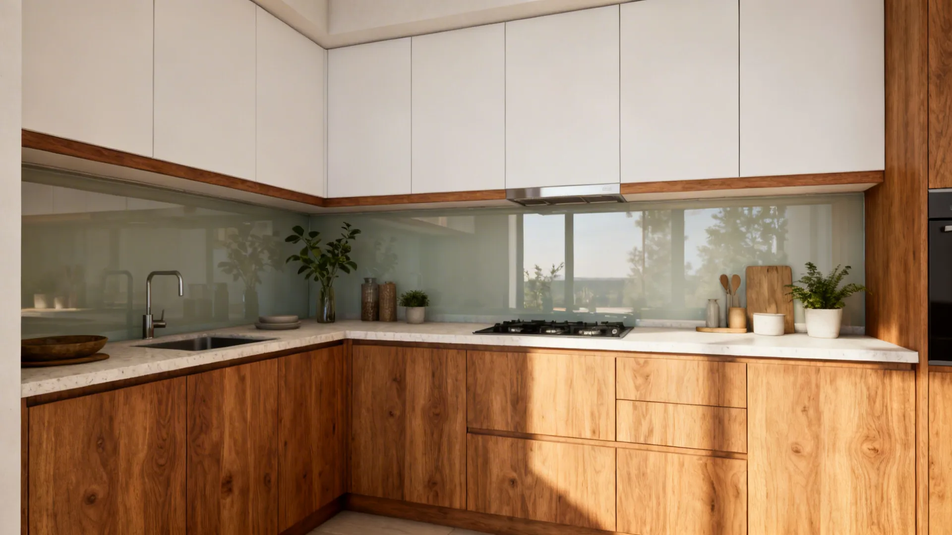 Compact kitchen with oak lower cabinets and white uppers for a warm yet minimal look.