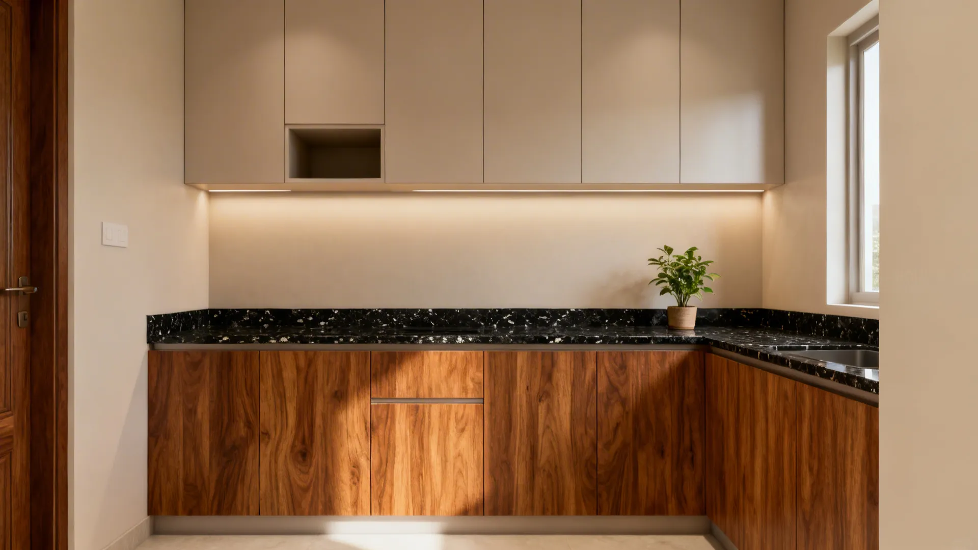 L-shaped kitchen with warm wood base cabinets and light satin upper cabinets in soft daylight.