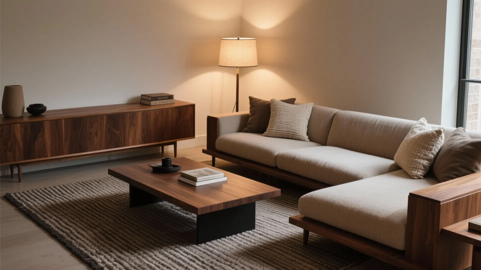 5) Material warmth: wood, texture, and layered lighting around the L