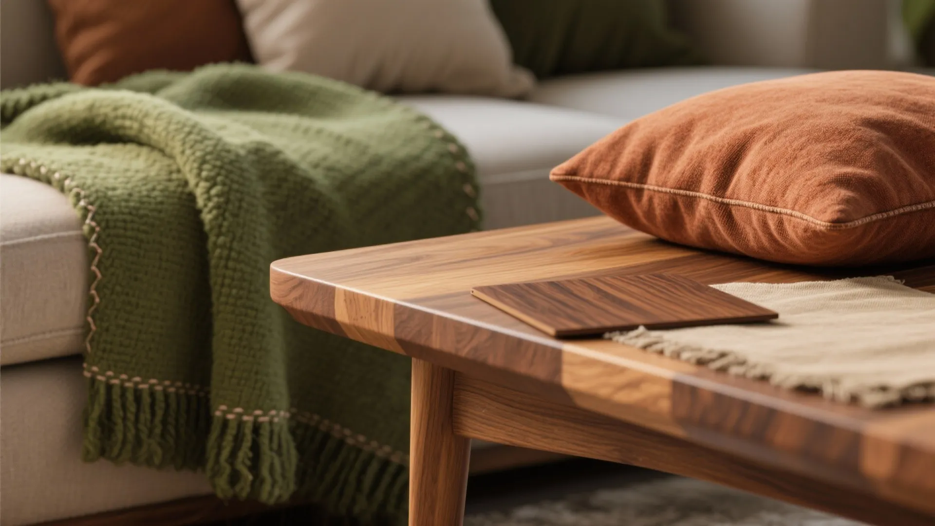 Warm wood and earthy textiles to balance the greens