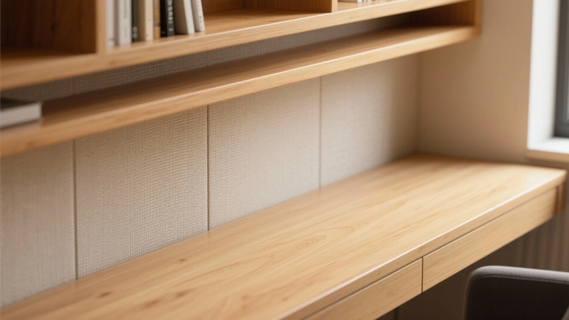 Close up of a wooden desk with a light wood shelf and grey wall panels