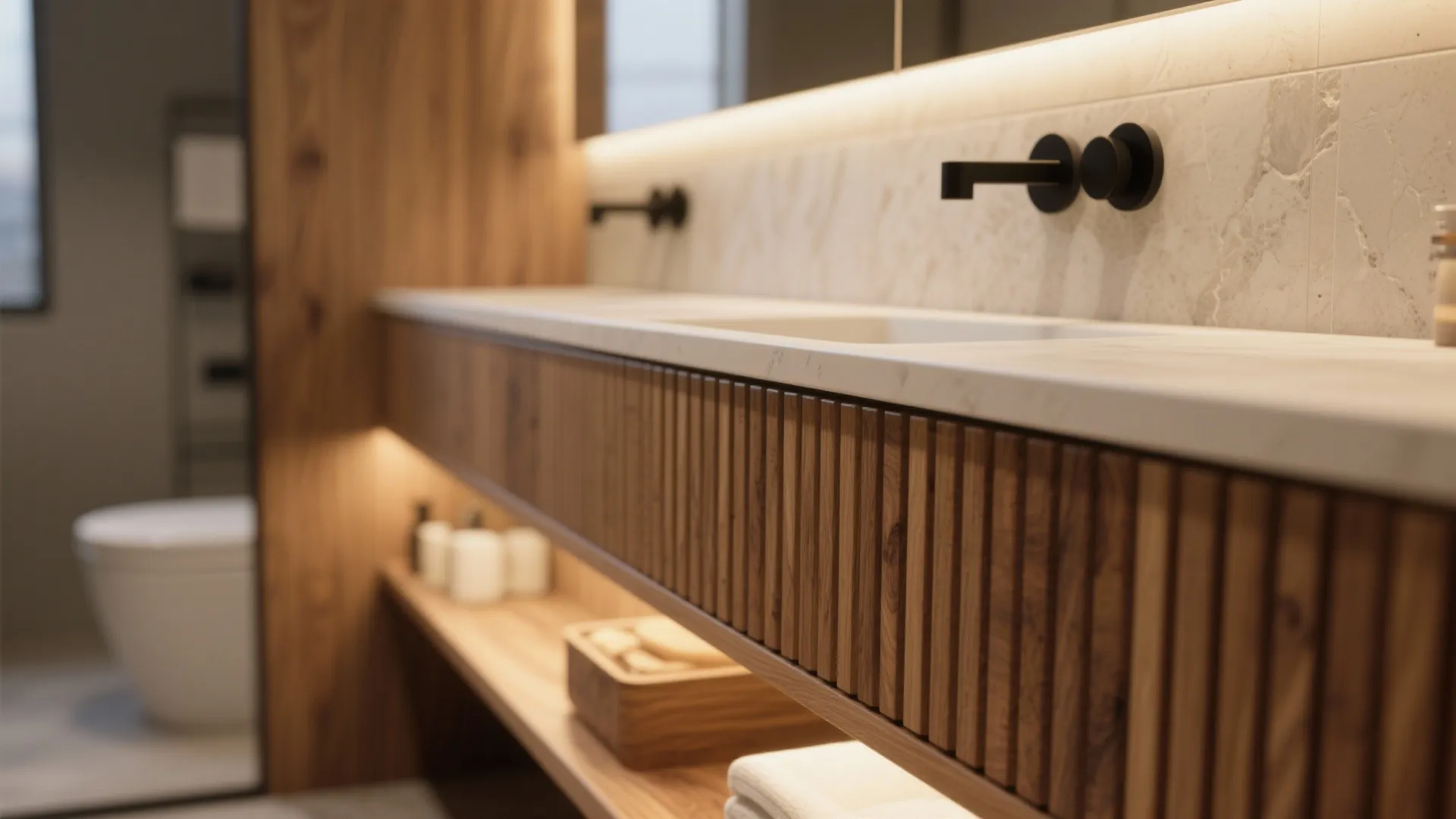 Warm wood and layered lighting for a serene suite