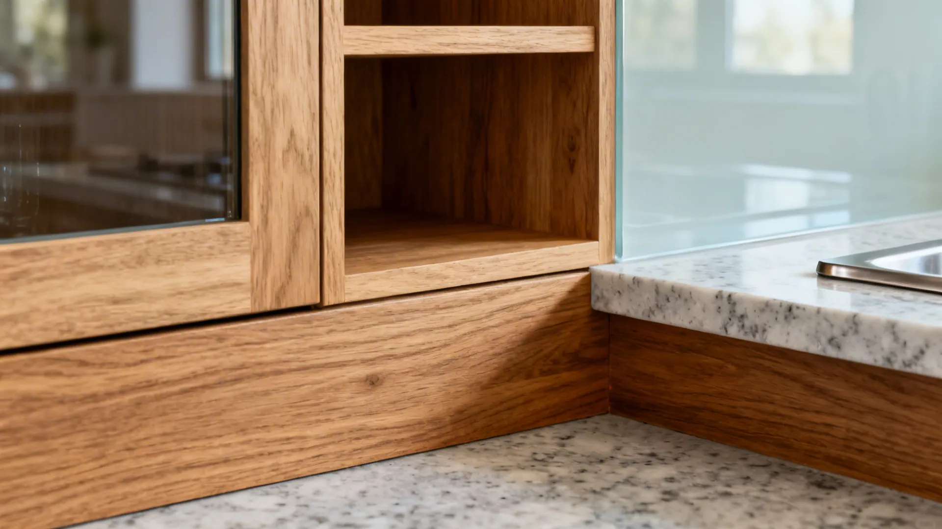 Macro of rift-sawn oak toe-kick and shelf next to a satin glass backsplash.
