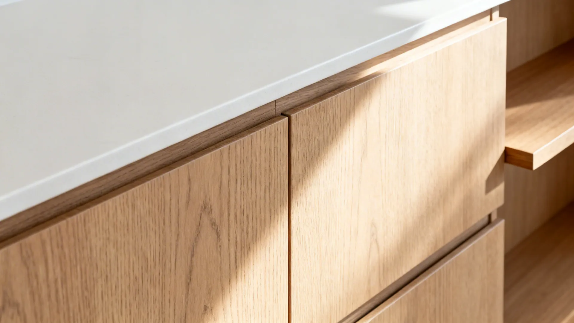 Close-up of rift-cut oak drawer fronts and slim oak shelf against a white quartz counter.
