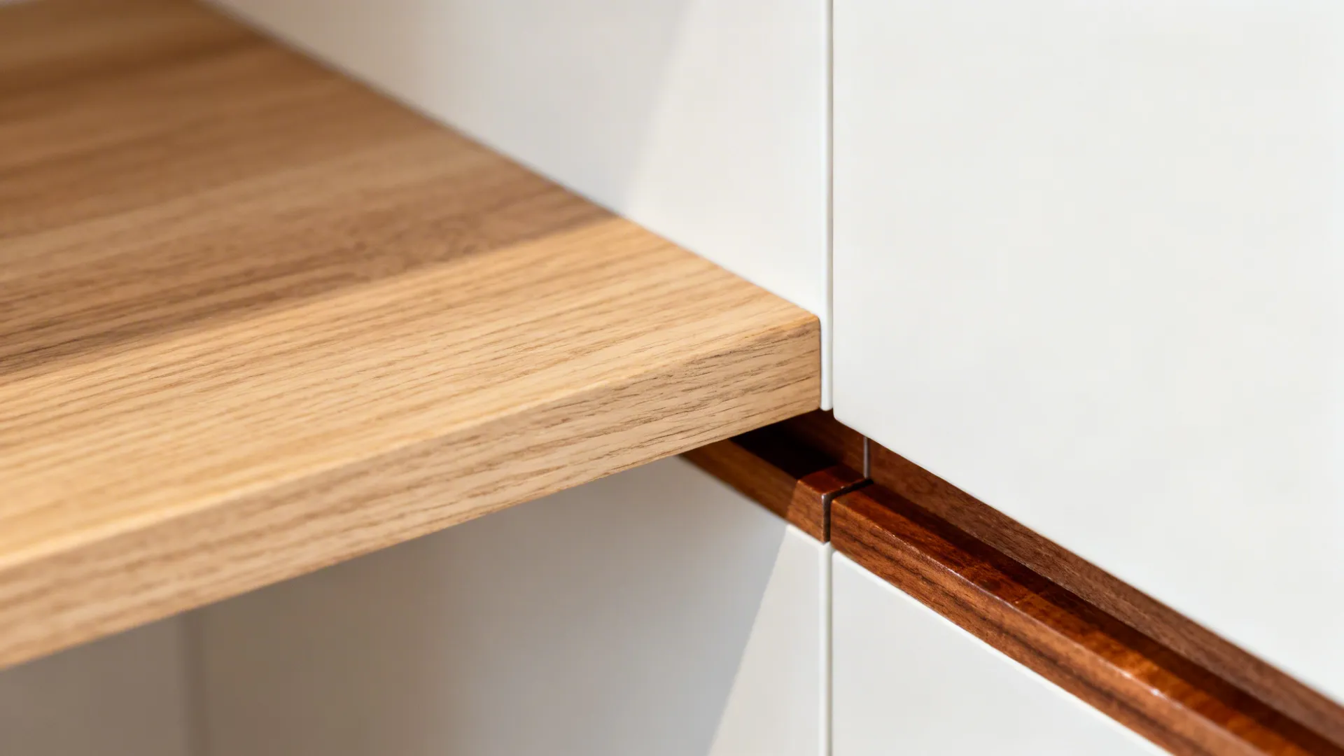 Macro of a white-oak shelf, walnut trim, and sealed butcher block edge in soft daylight.