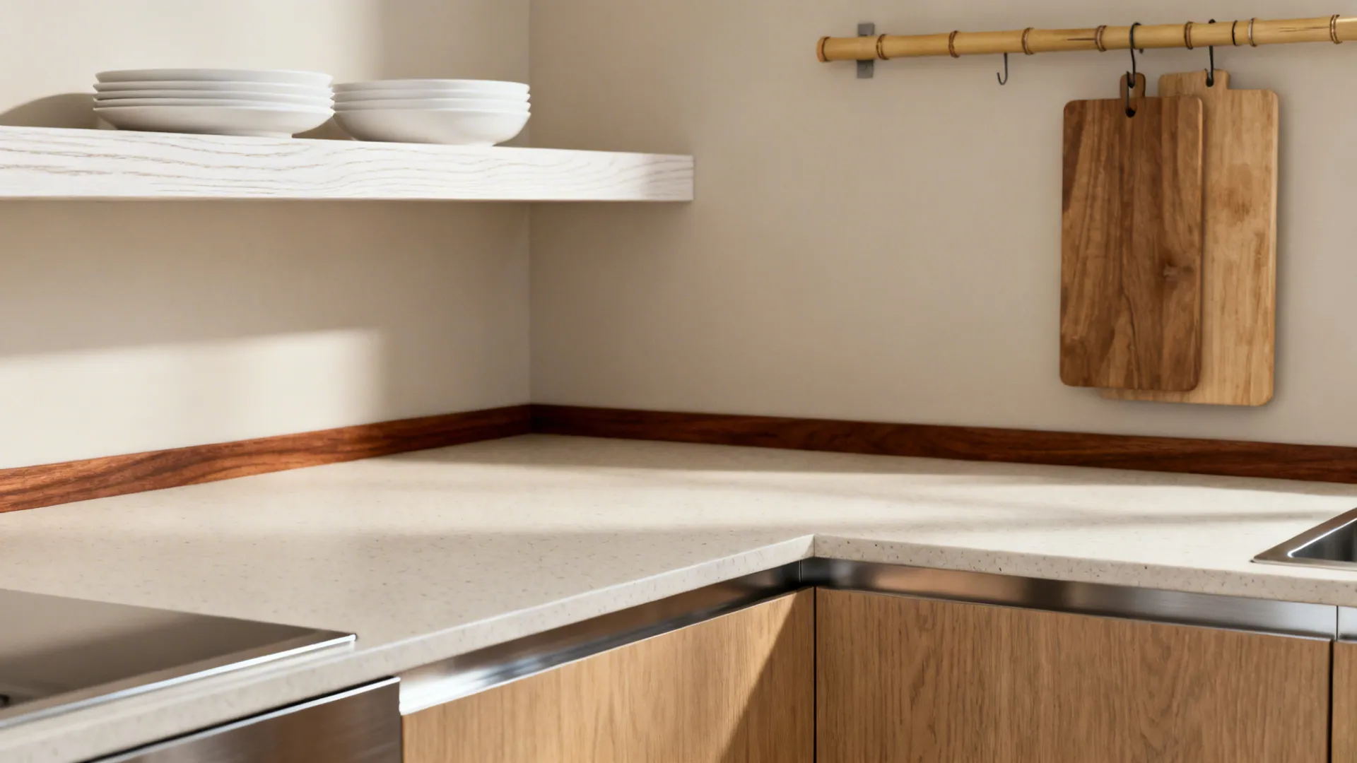 Close-up of a white oak shelf, walnut-edged counter, and bamboo cutting board rail in a modern kitchen.