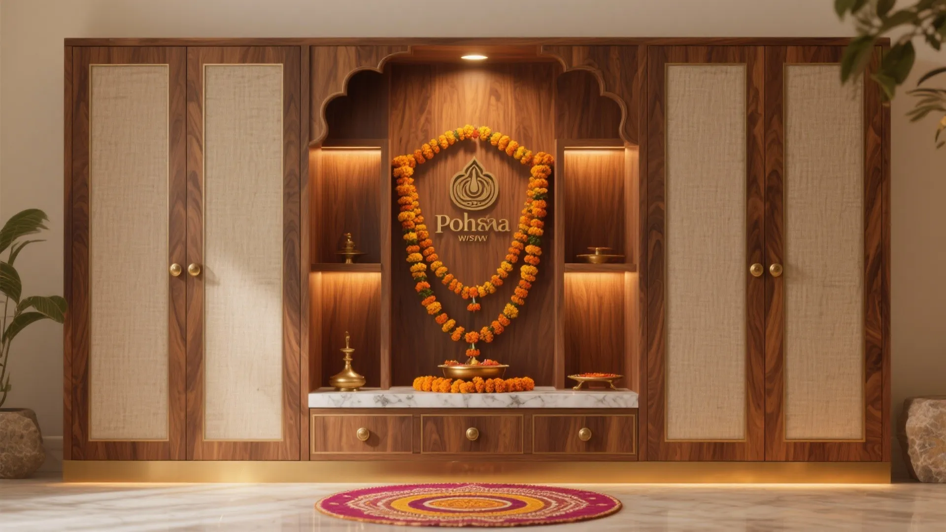 Teak-veneered mandir with brass knobs and linen-textured interiors in warm, calming light
