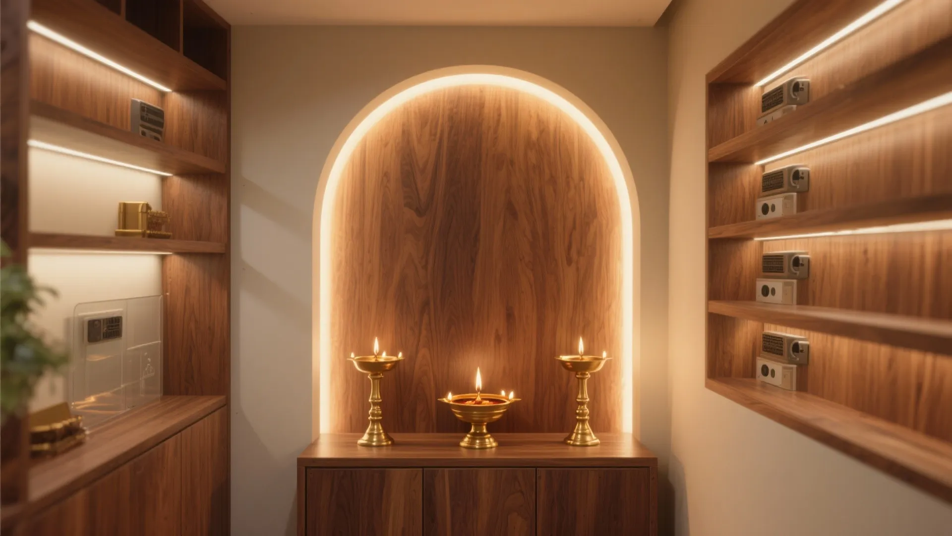 Warm Wood Mandir with Ambient Lighting