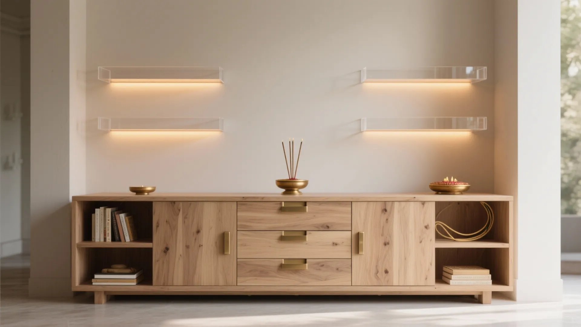 3) Warm Wood Tones With Concealed Storage