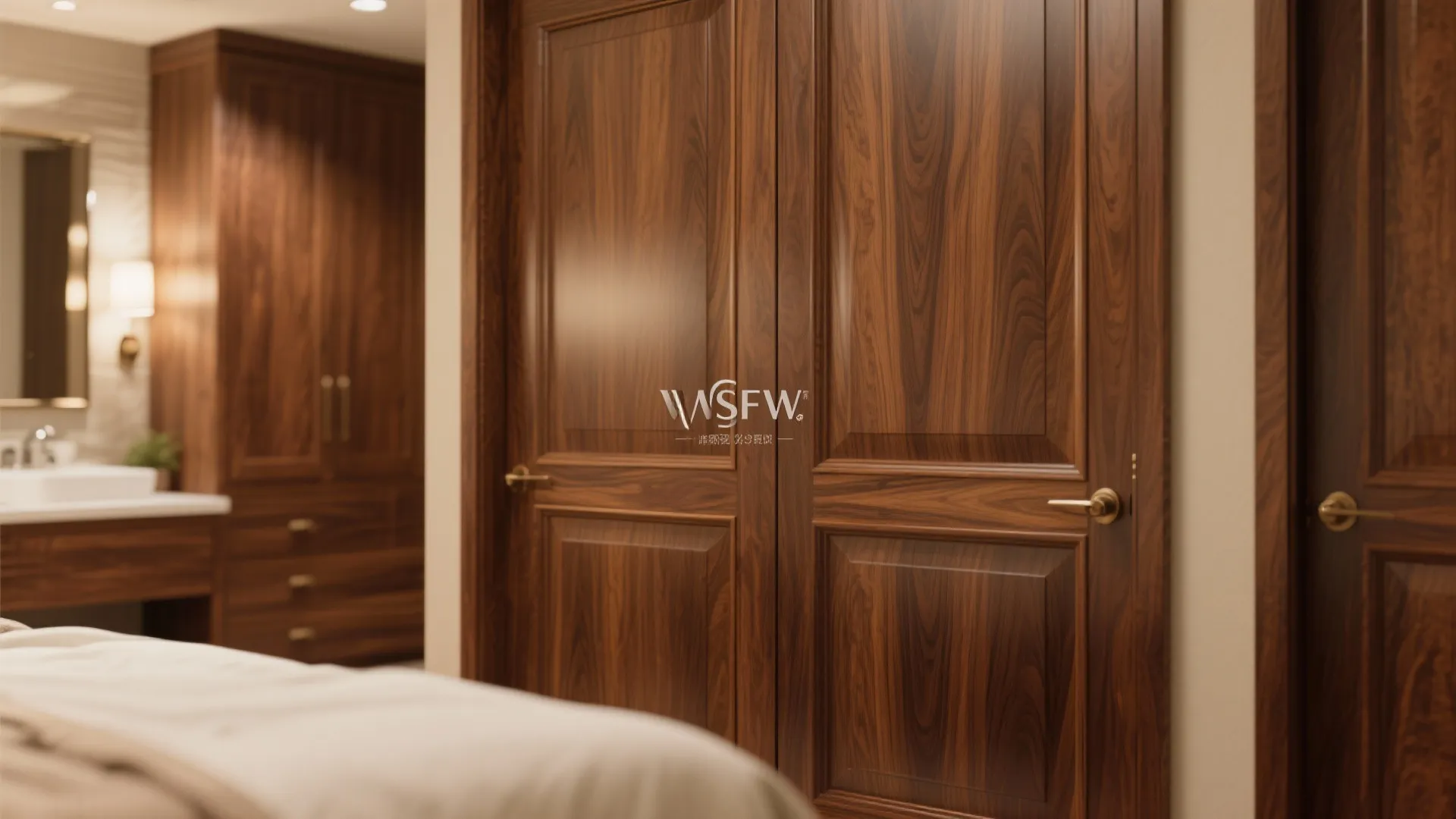 Dark wood double doors with gold handles leading to a bedroom with a matching cabinet