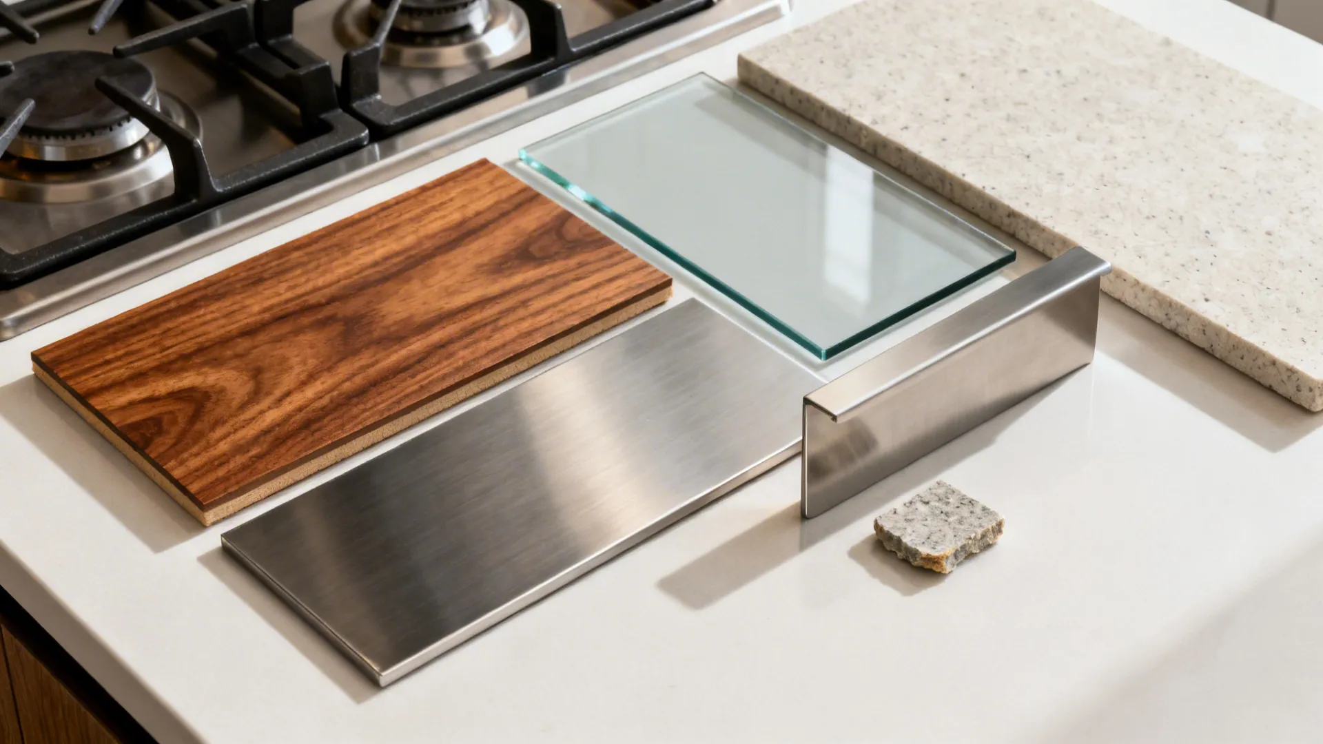 Flatlay of warm wood veneer, tempered glass, stainless steel, and stone samples for a cozy cook zone.