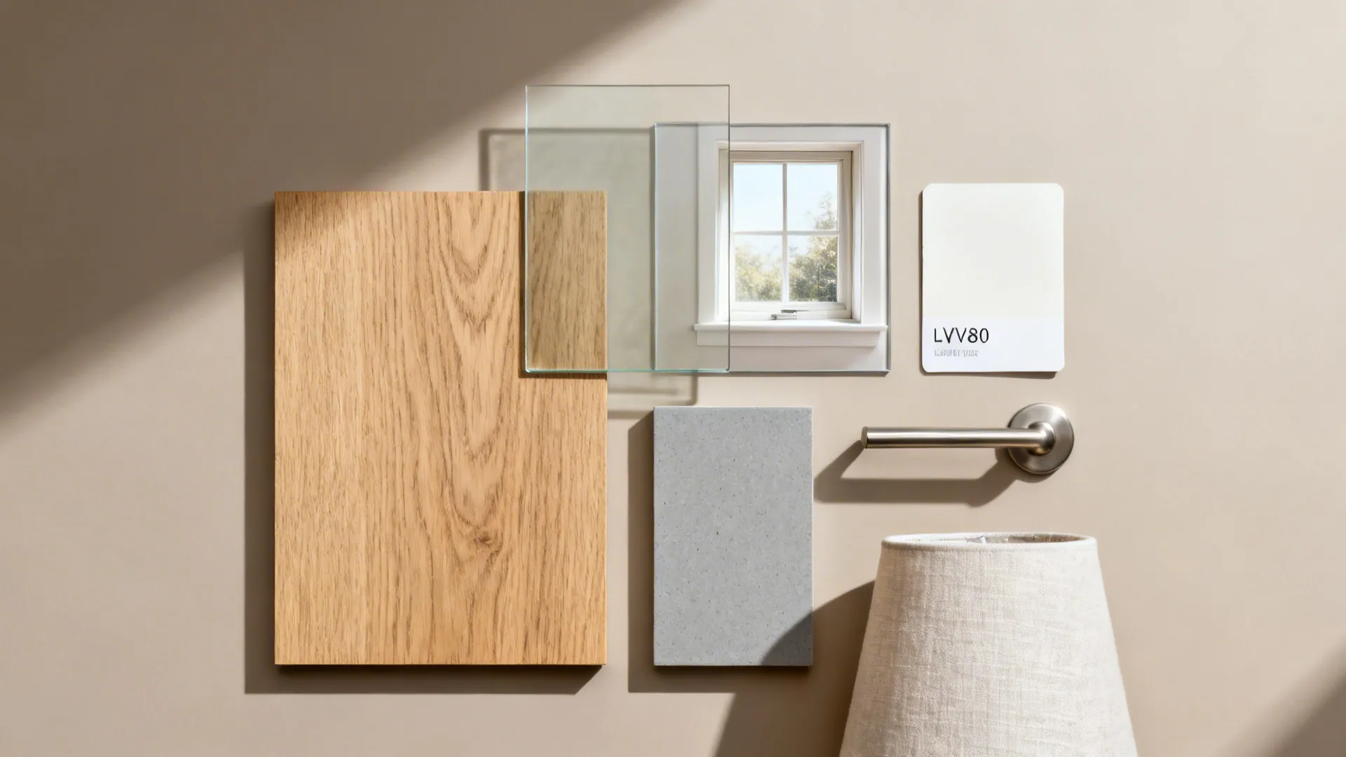 Flat lay of light oak, low-iron glass, warm white paint, soft gray counter, and brushed hardware.